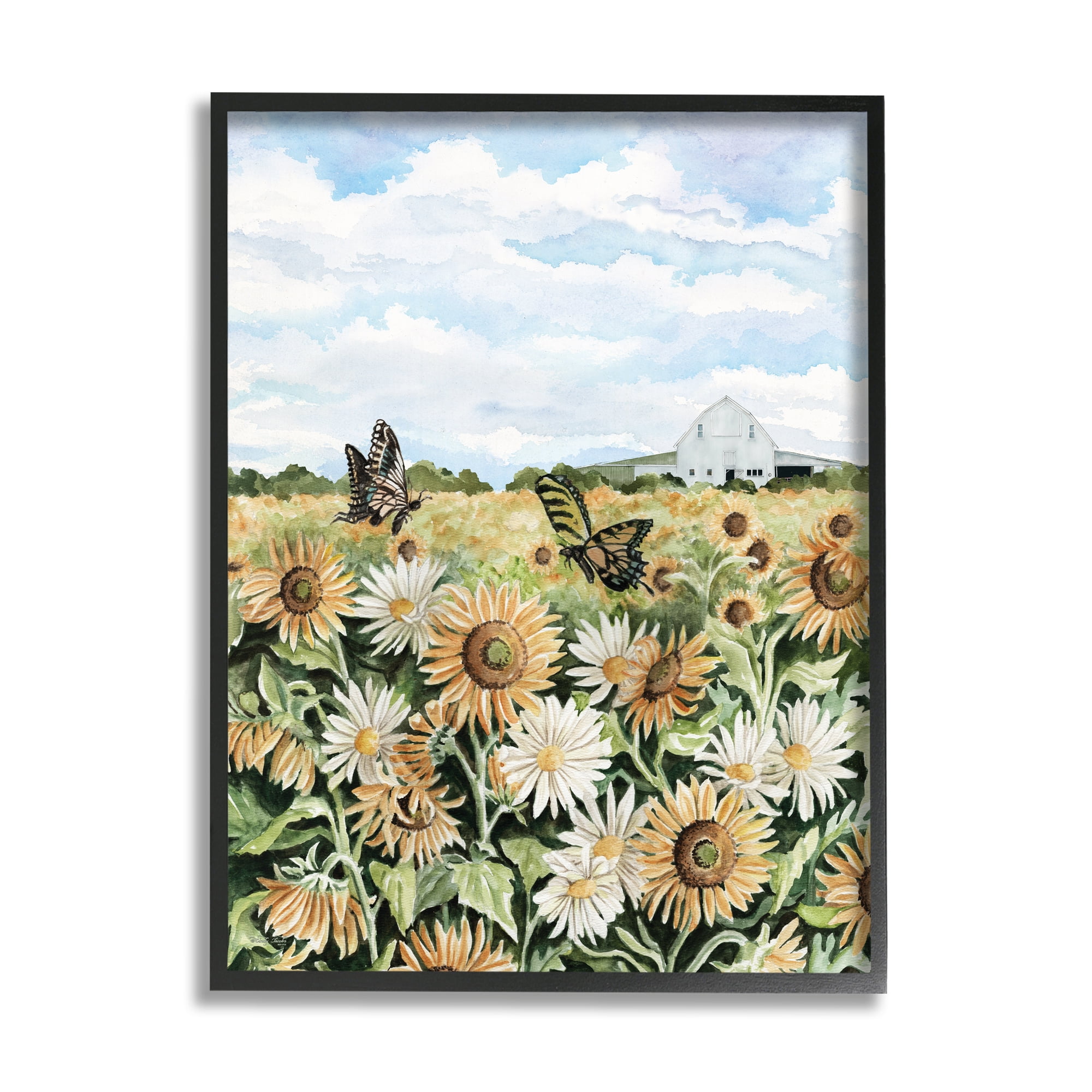 Stupell Industries Sunflower Garden with Butterflies Landscape Painting Black Framed Art Print Wall Art, 24 x 30