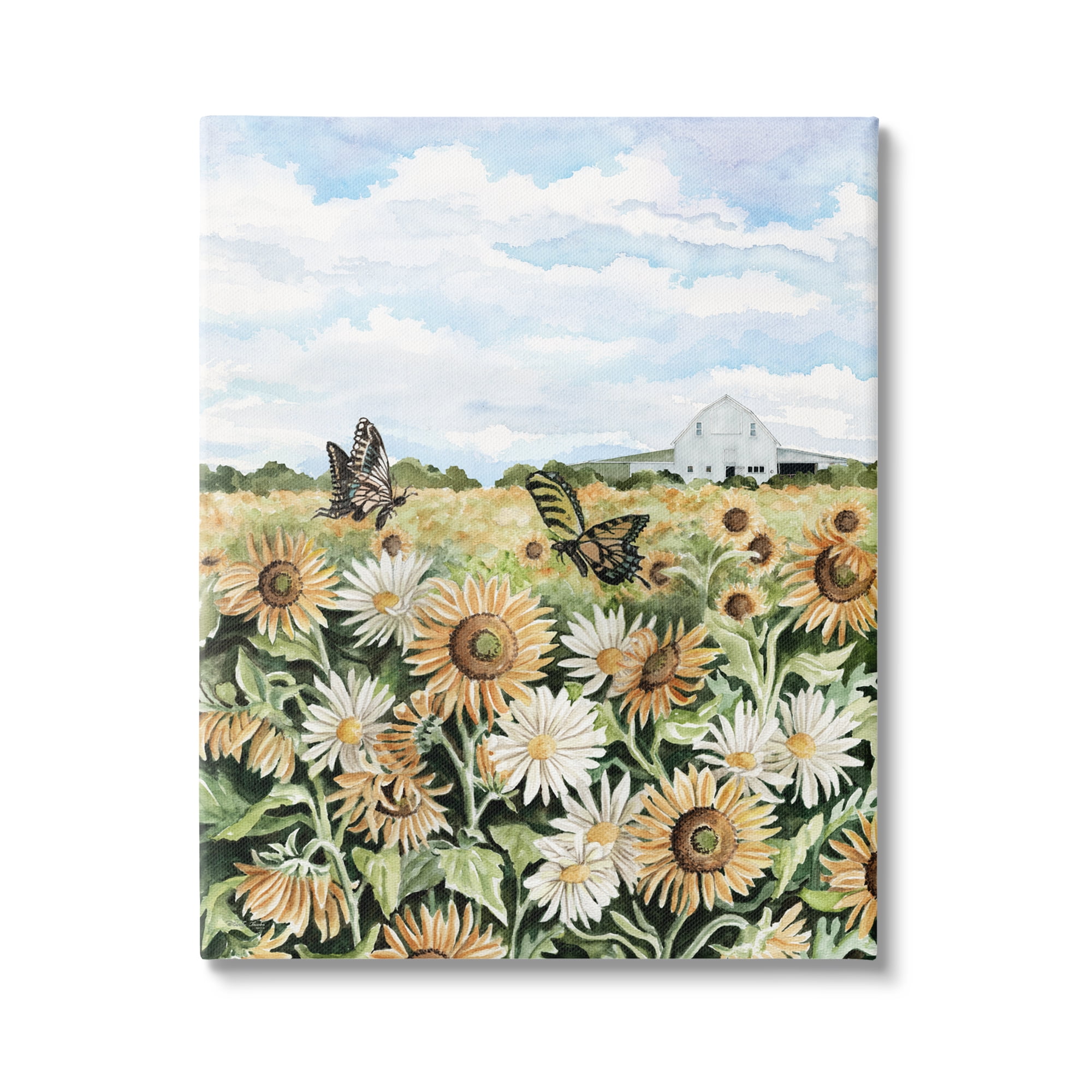 Stupell Industries Sunflower Garden with Butterflies Landscape Painting Gallery Wrapped Canvas Art Print Wall Art, 16 x 20