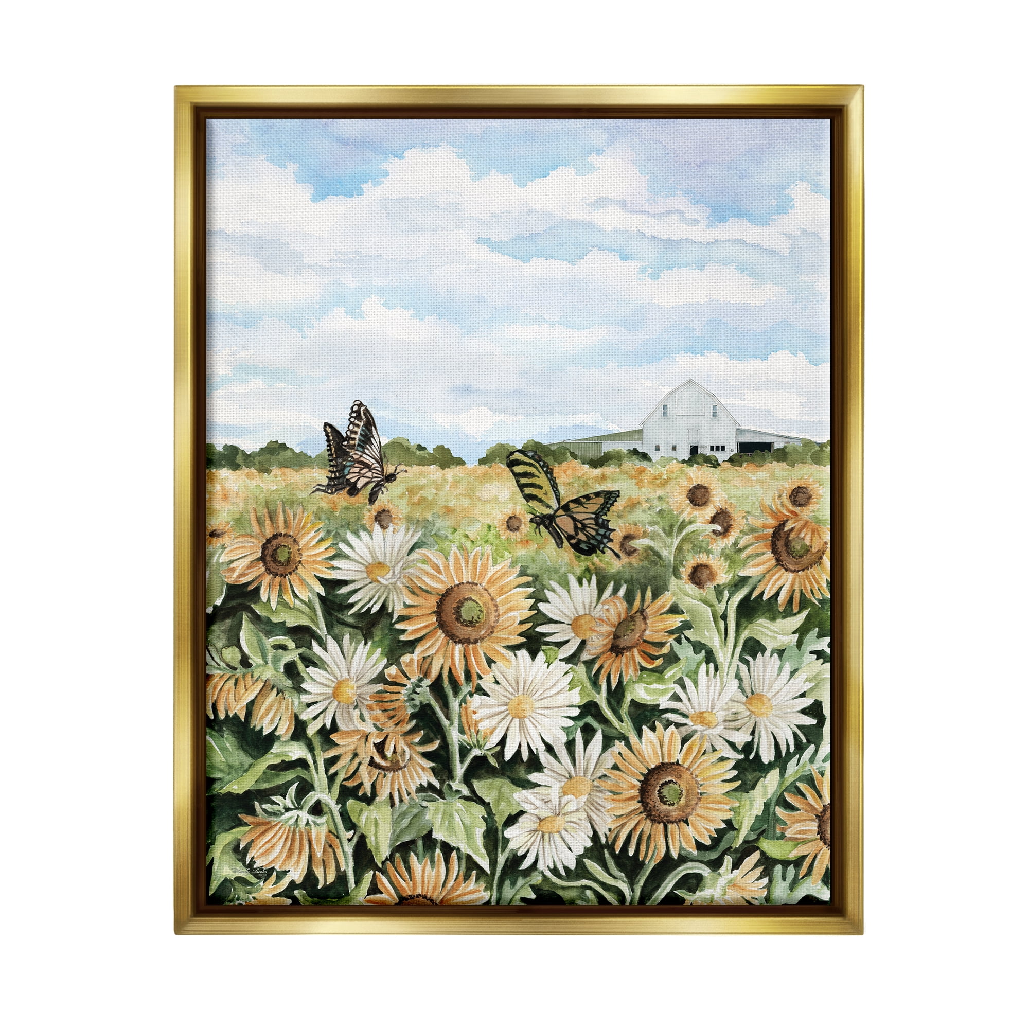 Stupell Industries Sunflower Garden with Butterflies Landscape Painting Gold Floater Framed Canvas Art Print Wall Art, 17 x 21