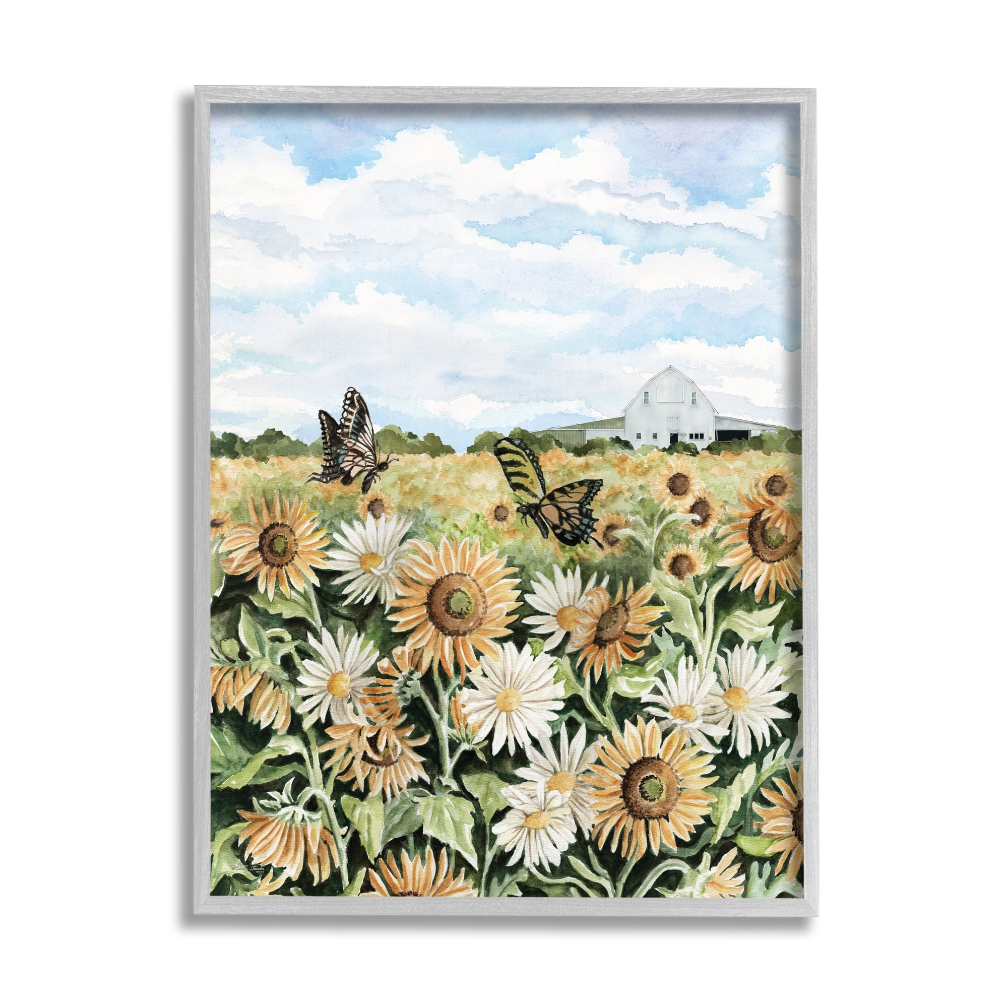 Stupell Industries Sunflower Garden with Butterflies Landscape Painting Gray Framed Art Print Wall Art, 24 x 30