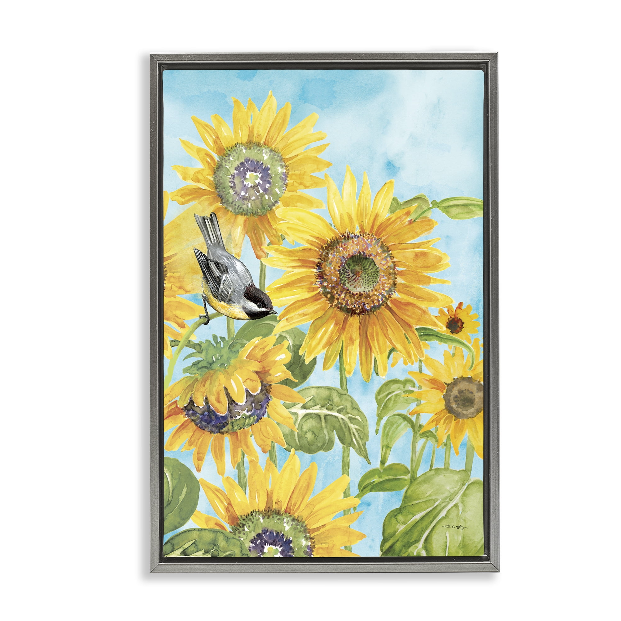 Stupell Industries Sunflower Honey Bird Gray Framed Floater Canvas Wall Art, design by Tim Coffey