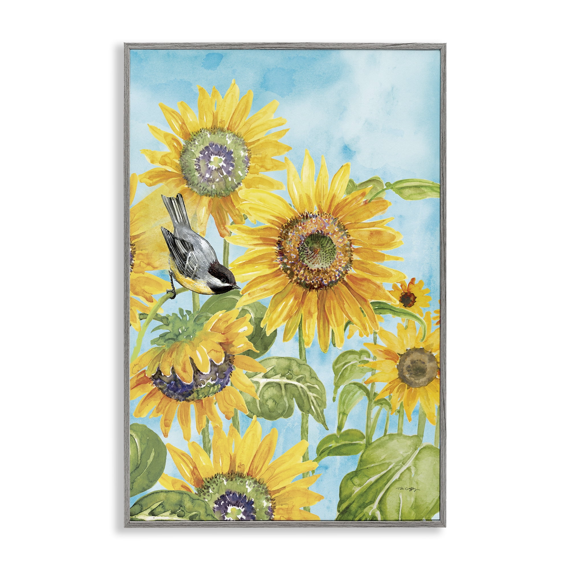 Stupell Industries Sunflower Honey Bird Gray Framed Giclee Art, design by Tim Coffey