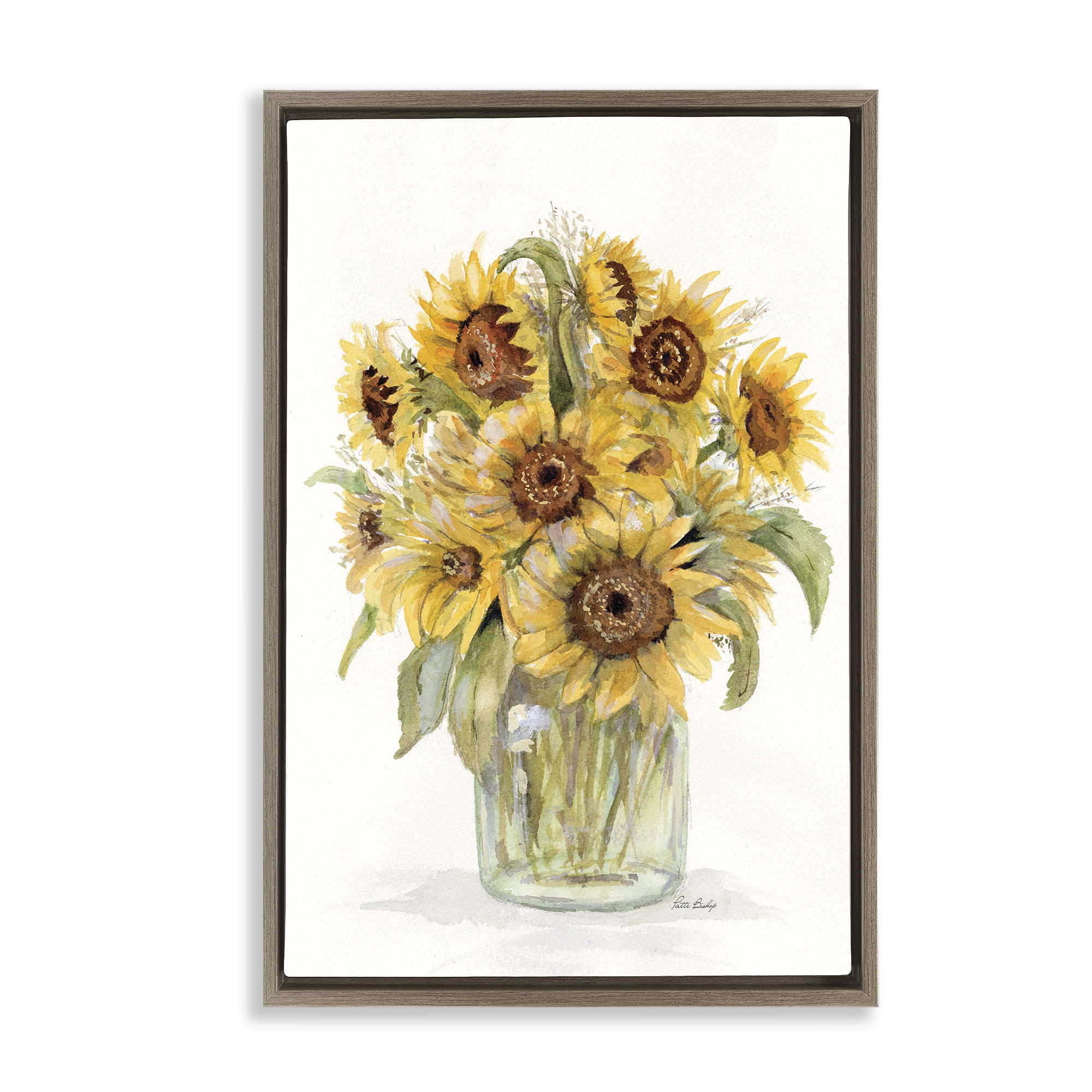 Stupell Industries Sunflower Jar Bouquet Botanical & Floral Painting Brown Floater Framed Art Print Wall Art, 17 x 25