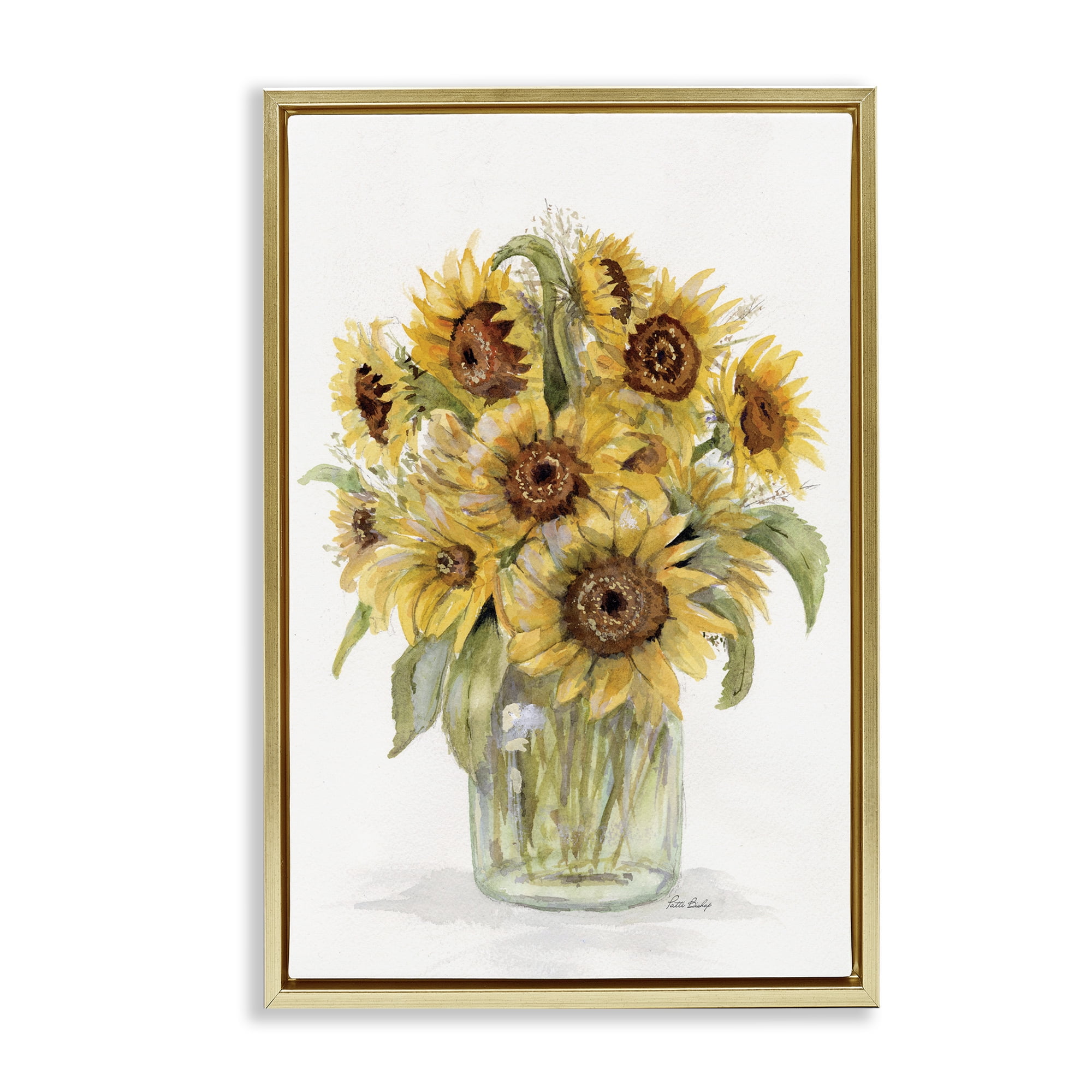 Stupell Industries Sunflower Jar Bouquet Botanical & Floral Painting Gold Floater Framed Art Print Wall Art, 17 x 25