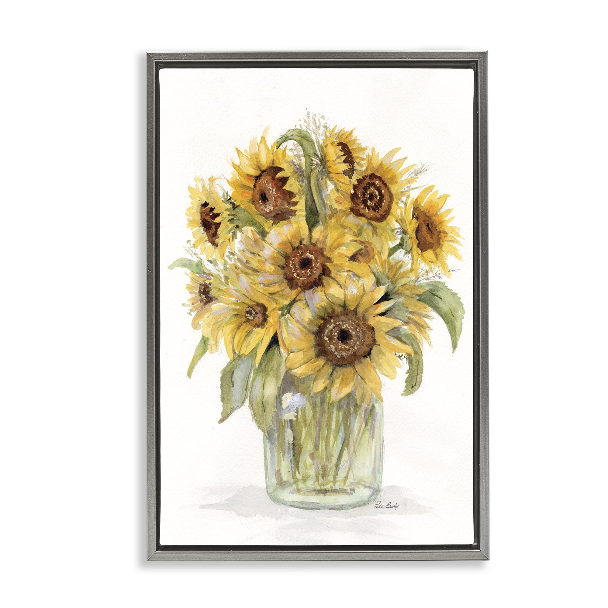 Stupell Industries Sunflower Jar Bouquet Botanical & Floral Painting Gray Floater Framed Art Print Wall Art, 17 x 25