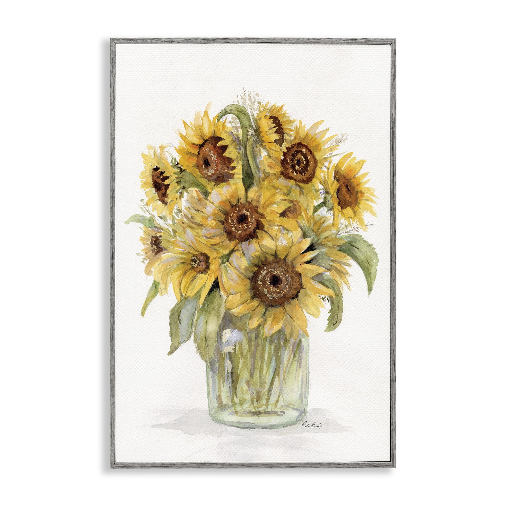 Stupell Industries Sunflower Jar Bouquet Botanical & Floral Painting Gray Framed Art Print Wall Art, 12 x 18