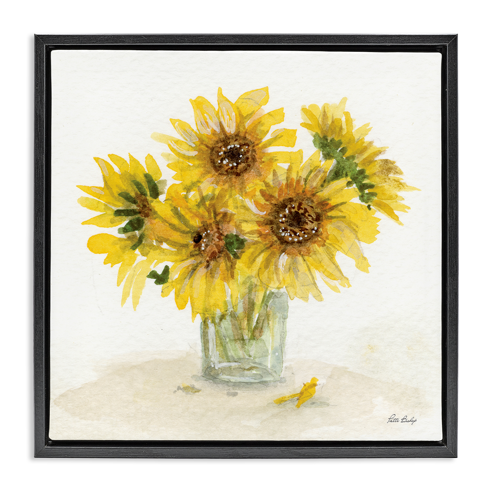Stupell Industries Sunflower Jar Watercolor Plants & Flowers Painting Black Floater Framed Canvas Art Print Wall Art, 25 x 25