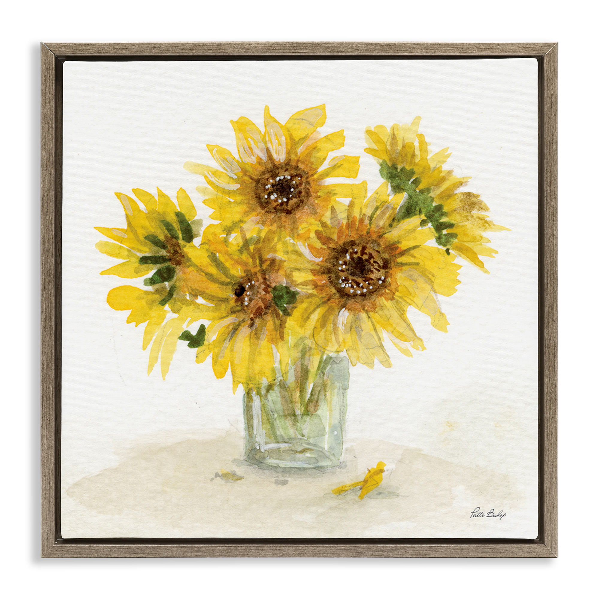 Stupell Industries Sunflower Jar Watercolor Plants & Flowers Painting Brown Floater Framed Canvas Art Print Wall Art, 18 x 18