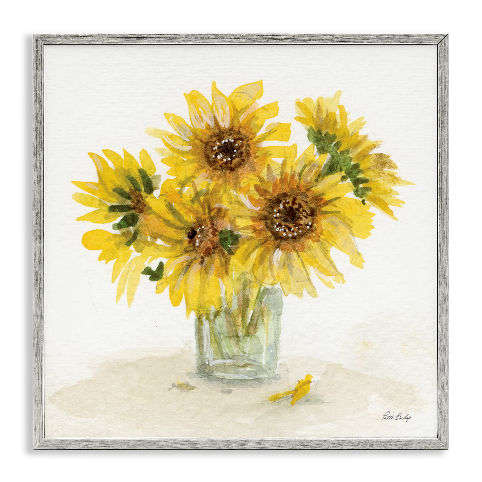 Stupell Industries Sunflower Jar Watercolor Plants & Flowers Painting Gray Framed Art Print Wall Art, 17 x 17
