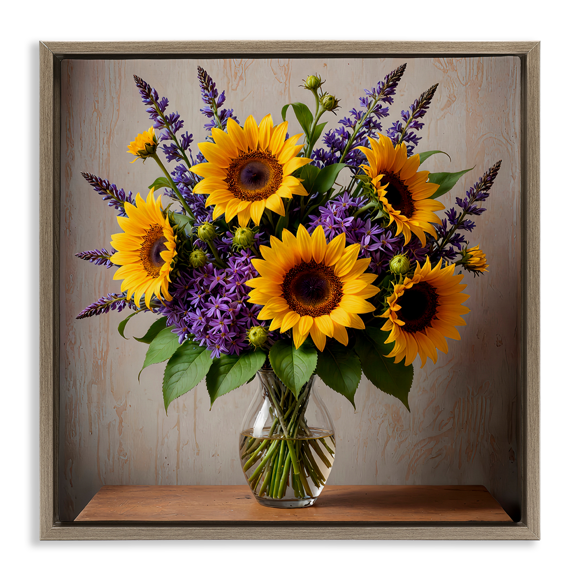 Stupell Industries Sunflower & Lavender Bouquet Plants & Flowers Painting Brown Floater Framed Canvas Art Print Wall Art, 18 x 18