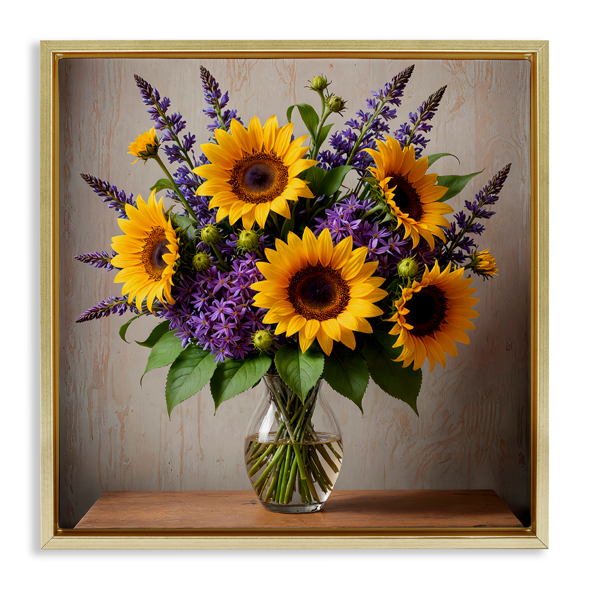 Stupell Industries Sunflower & Lavender Bouquet Plants & Flowers Painting Gold Floater Framed Canvas Art Print Wall Art, 25 x 25