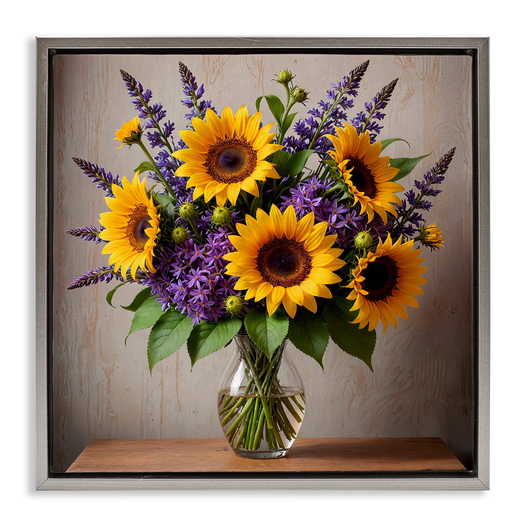 Stupell Industries Sunflower & Lavender Bouquet Plants & Flowers Painting Gray Floater Framed Canvas Art Print Wall Art, 18 x 18