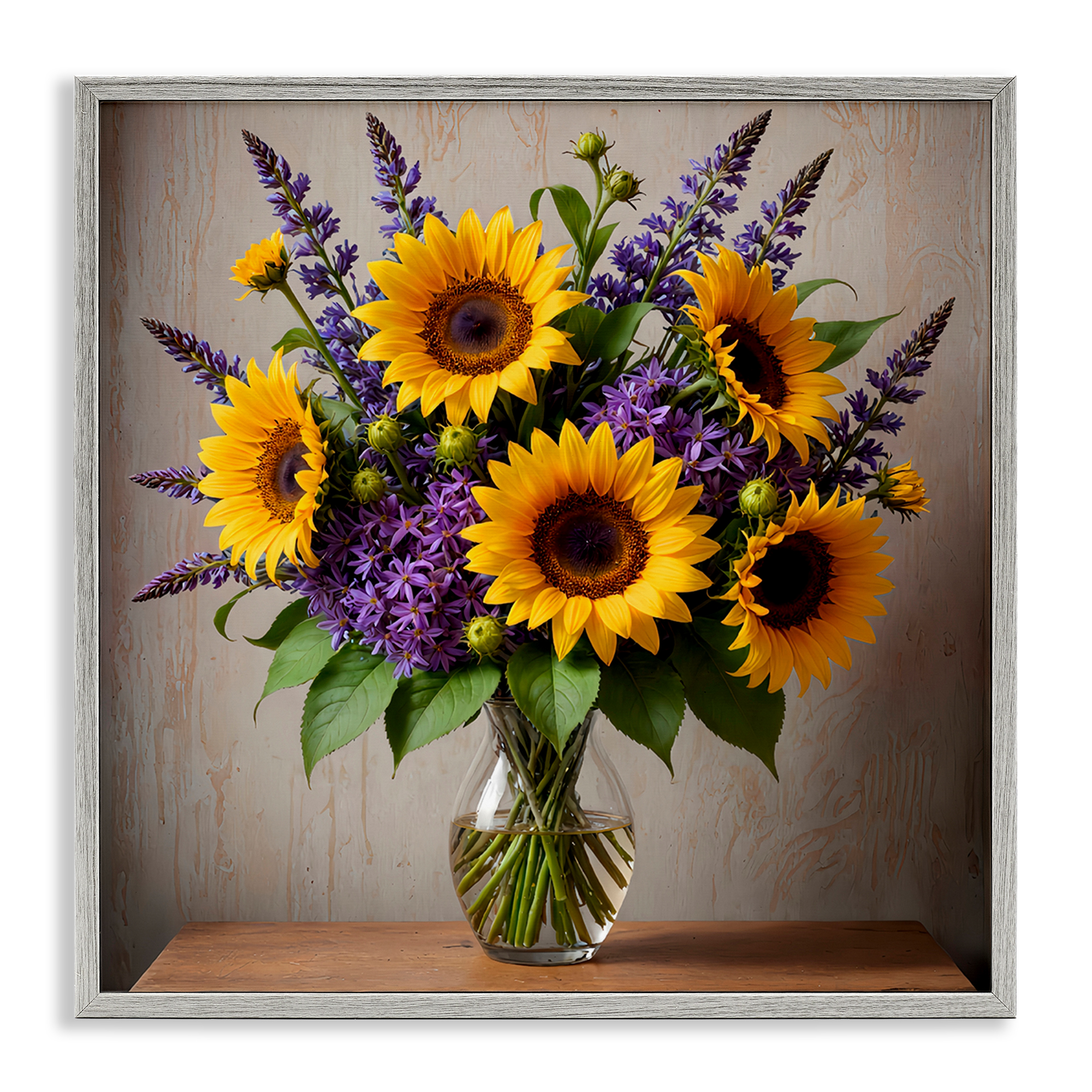 Stupell Industries Sunflower & Lavender Bouquet Plants & Flowers Painting Gray Framed Art Print Wall Art, 17 x 17