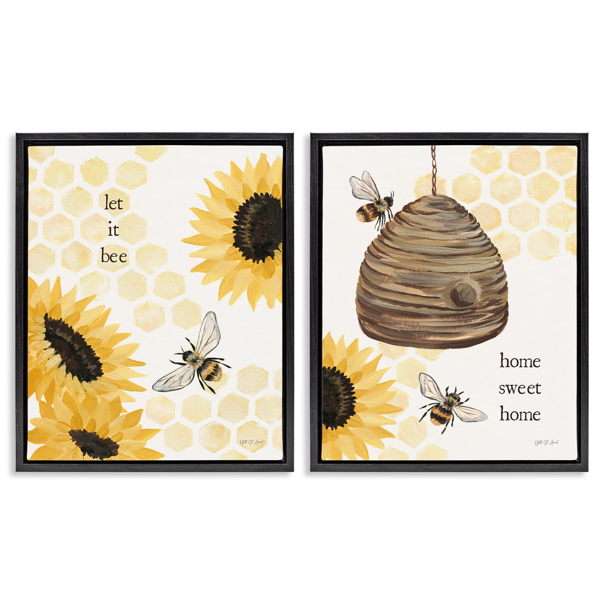 Stupell Industries Sunflower Let it Bee Skep Animals Painting Black Floater Framed Canvas Art Print Wall Art, 31 x 25, Set of 2
