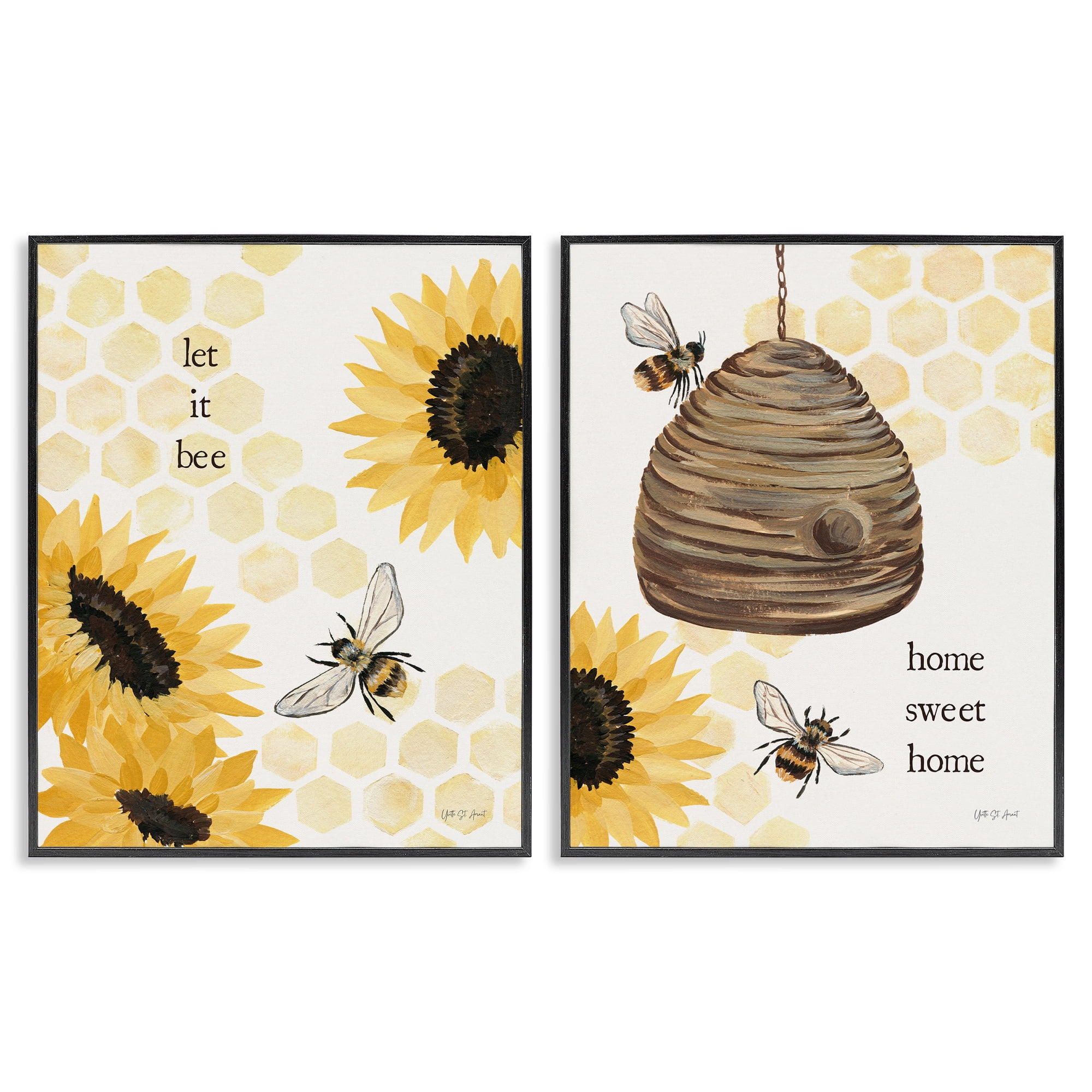 Stupell Industries Sunflower Let it Bee Skep Animals Painting Black Framed Art Print Wall Art, 24 x 30, Set of 2