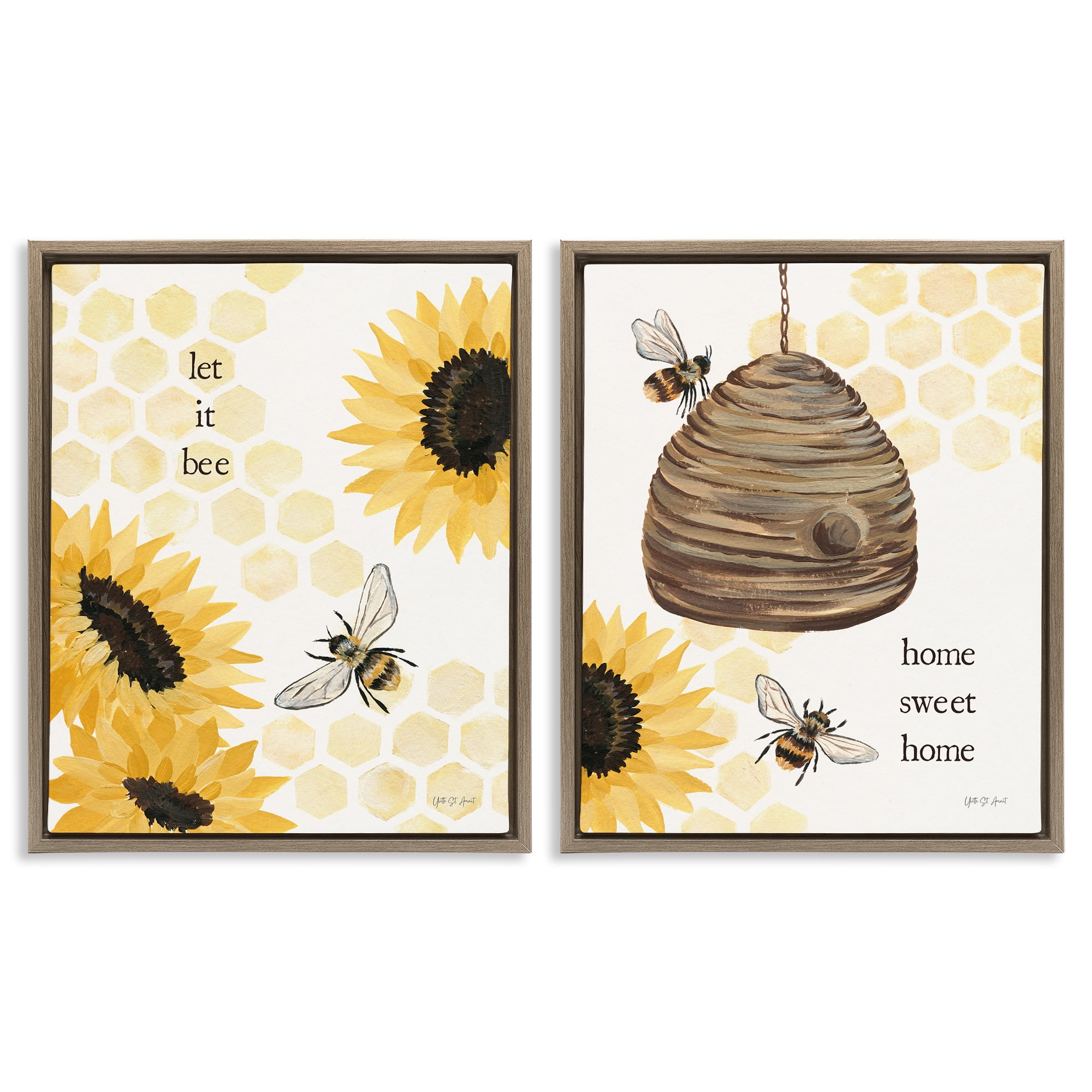 Stupell Industries Sunflower Let it Bee Skep Animals Painting Brown Floater Framed Canvas Art Print Wall Art, 31 x 25, Set of 2