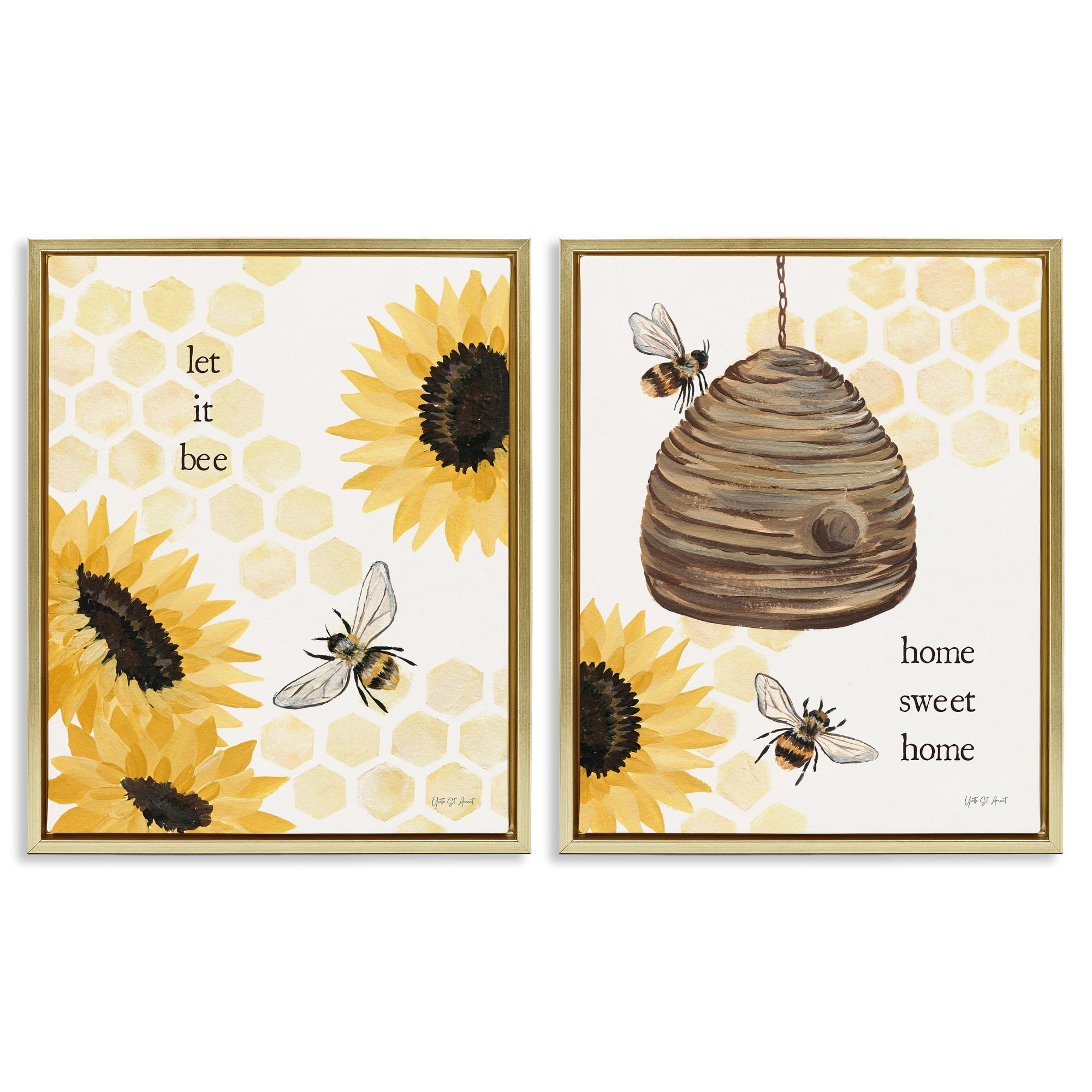 Stupell Industries Sunflower Let it Bee Skep Animals Painting Gold Floater Framed Canvas Art Print Wall Art, 31 x 25, Set of 2