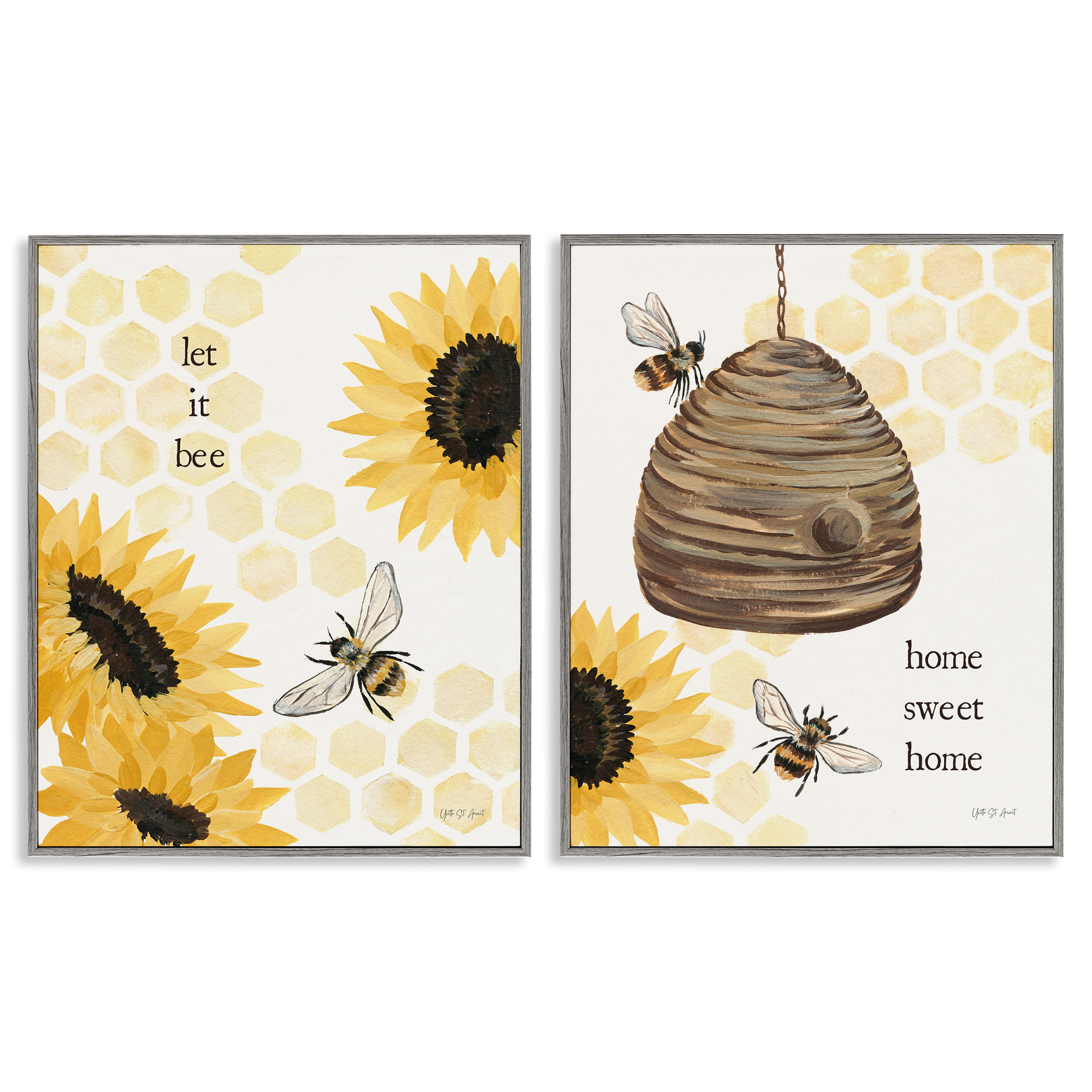 Stupell Industries Sunflower Let it Bee Skep Animals Painting Gray Framed Art Print Wall Art, 24 x 30, Set of 2