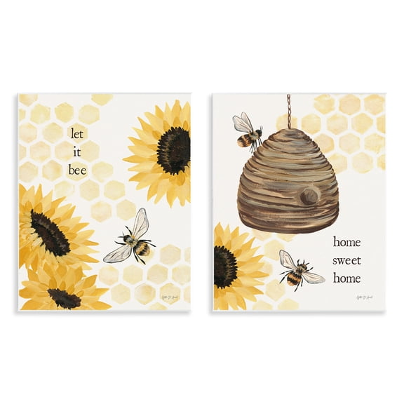 Stupell Industries Sunflower Let it Bee Skep Animals Painting Unframed Art Print Wall Art, 11 x 14, Set of 2