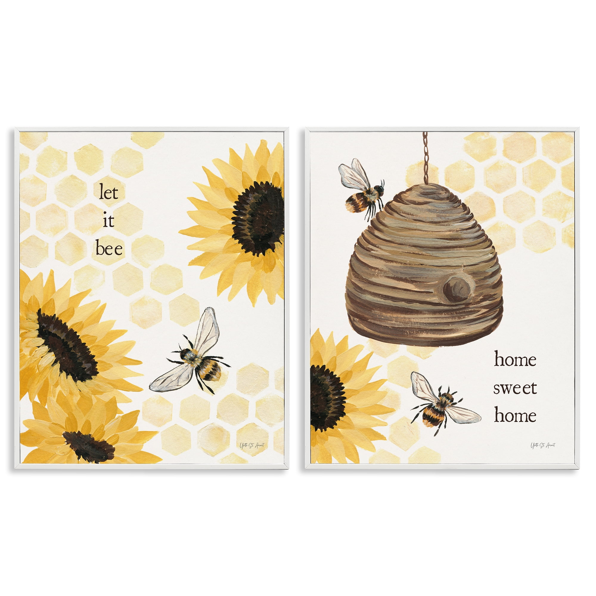 Stupell Industries Sunflower Let it Bee Skep Animals Painting White Framed Art Print Wall Art, 11 x 14, Set of 2