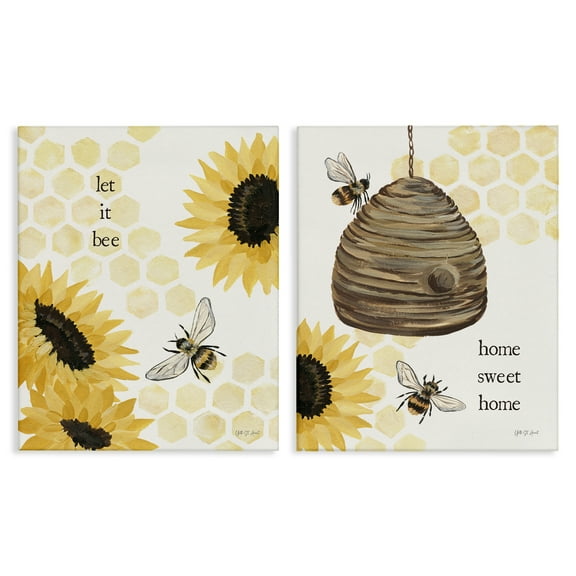 Stupell Industries Sunflower Let it Bee Skep Animals Painting Wrapped Canvas Art Print Wall Art, 16 x 20, Set of 2