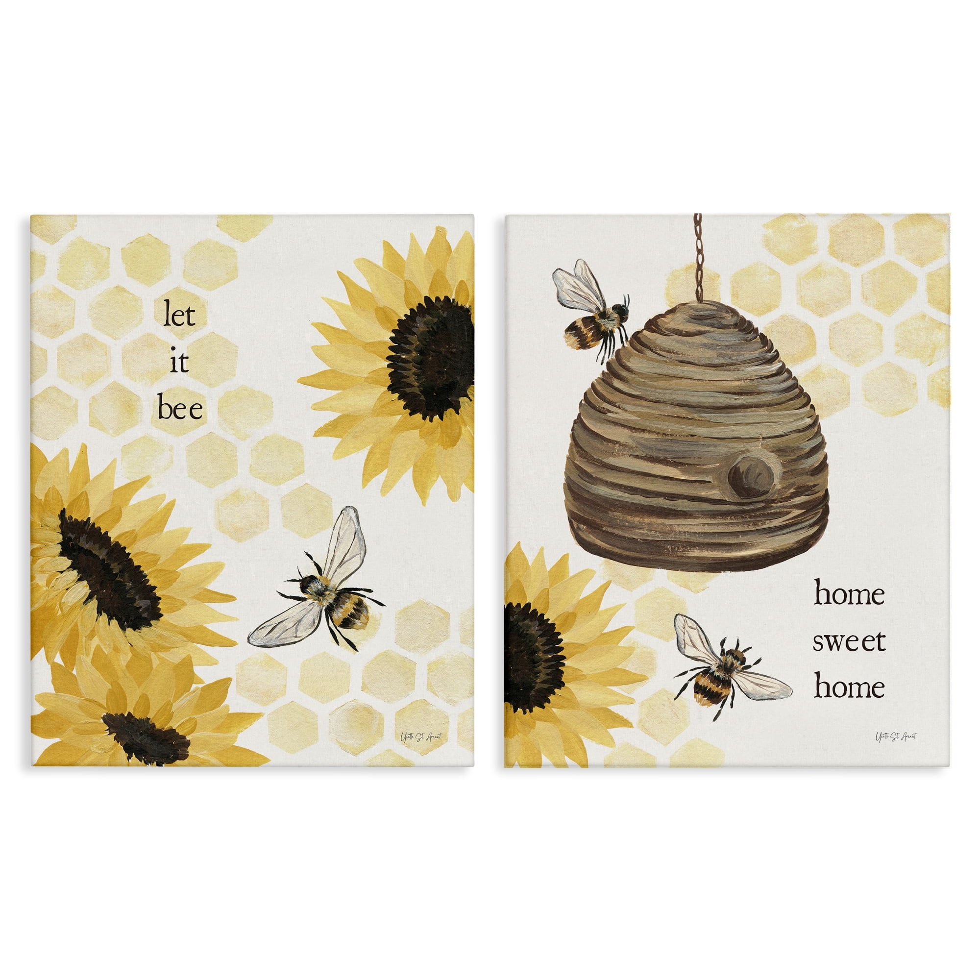 Stupell Industries Sunflower Let it Bee Skep Animals Painting Wrapped Canvas Art Print Wall Art, 24 x 30, Set of 2