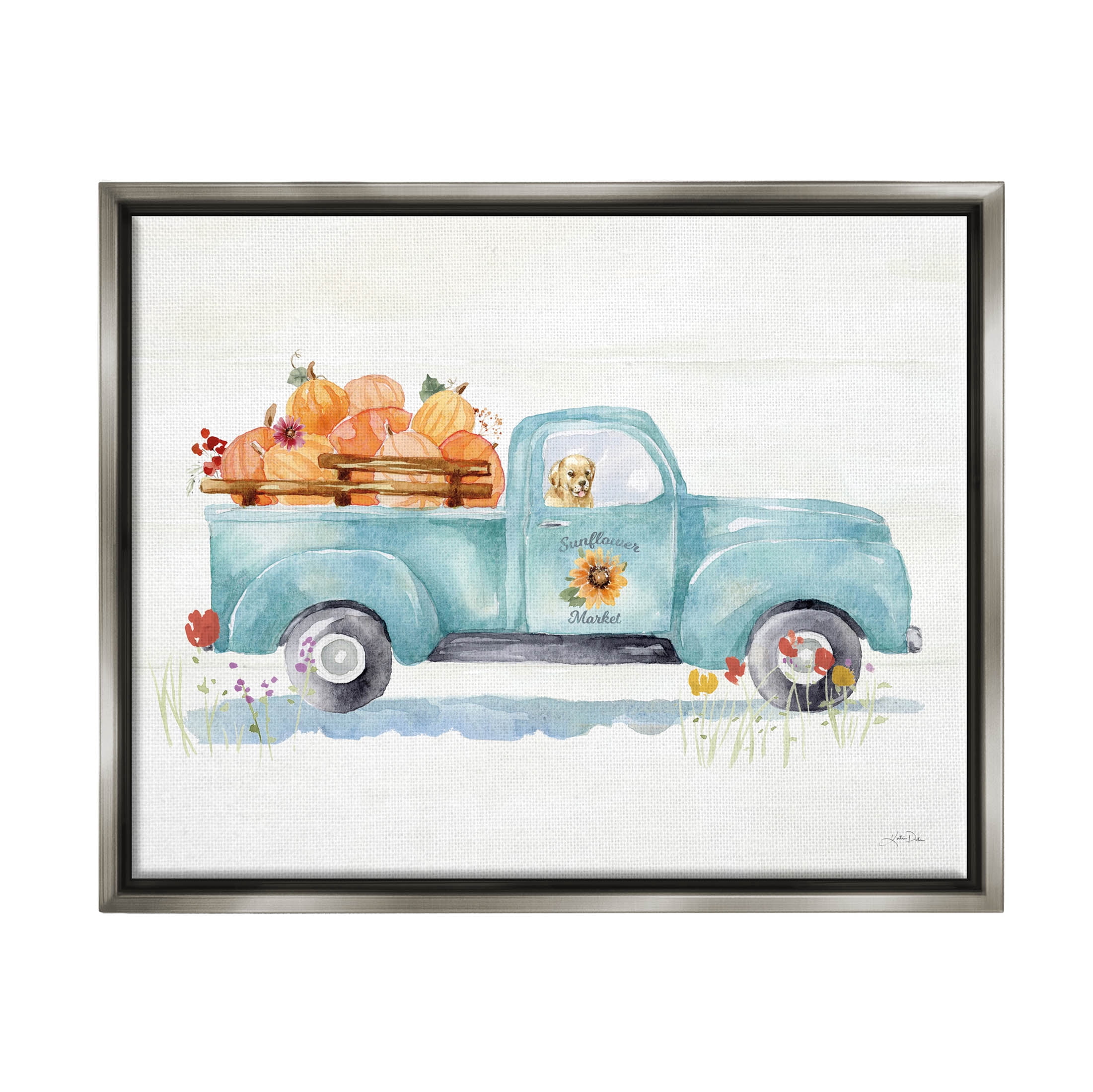 Stupell Industries Sunflower Market Pumpkin Truck Graphic Art Luster Gray Floating Framed Canvas Print Wall Art, Design by Katrina Pete
