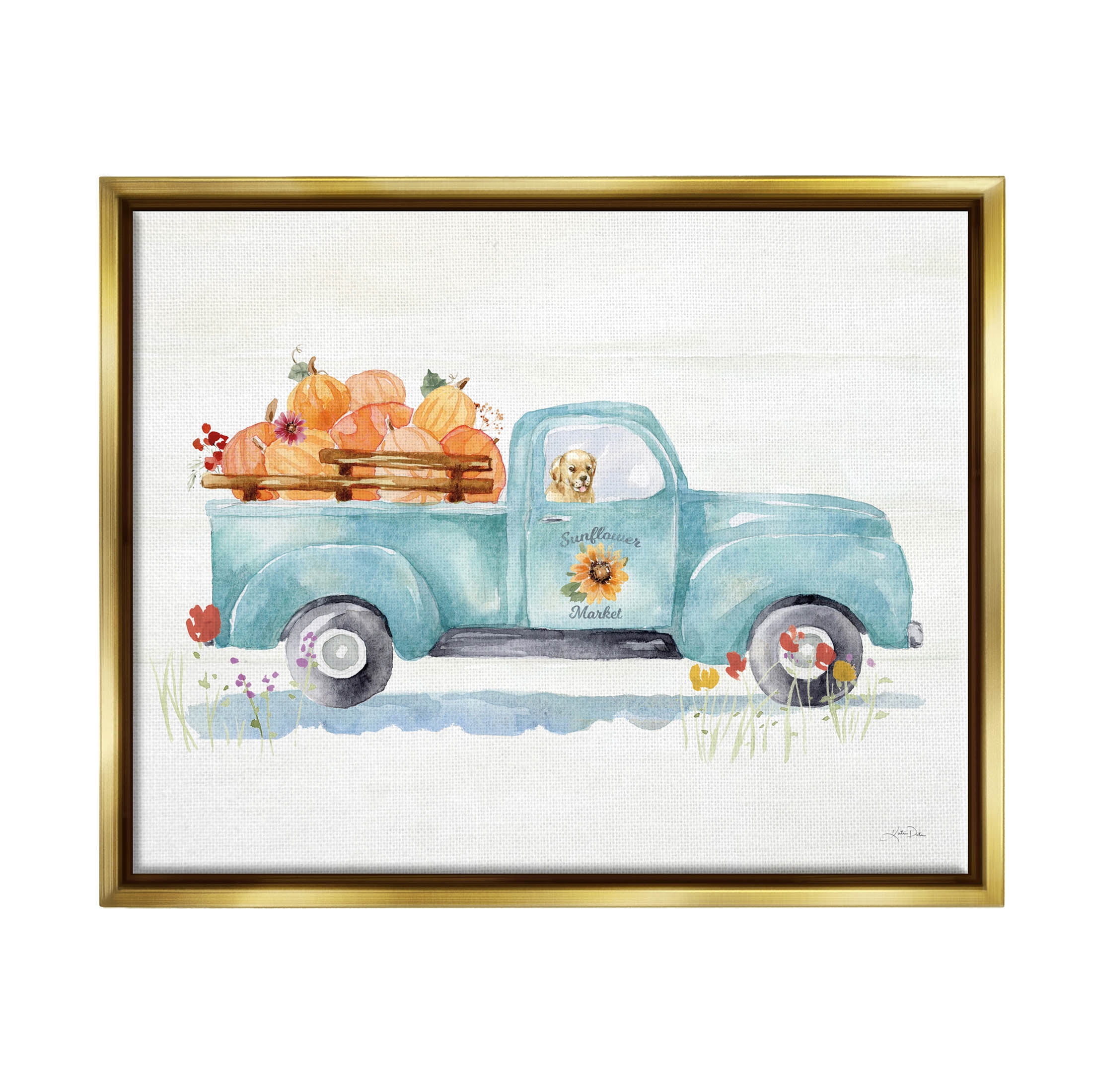 Stupell Industries Sunflower Market Pumpkin Truck Graphic Art Metallic Gold Floating Framed Canvas Print Wall Art, Design by Katrina Pete