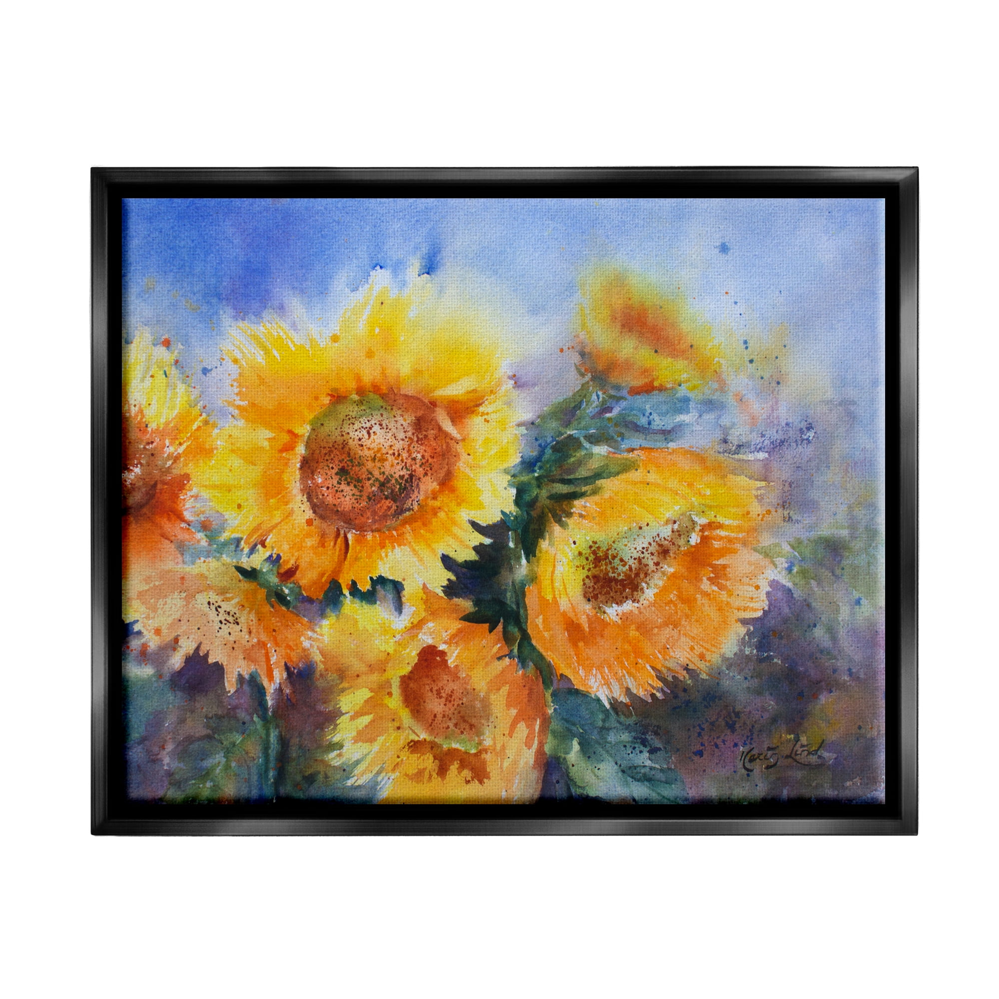 Stupell Industries Sunflower Meadow Under Blue Sky Modern Paint Speckles Graphic Art Jet Black Floating Framed Canvas Print Wall Art, Design by Karin Lind