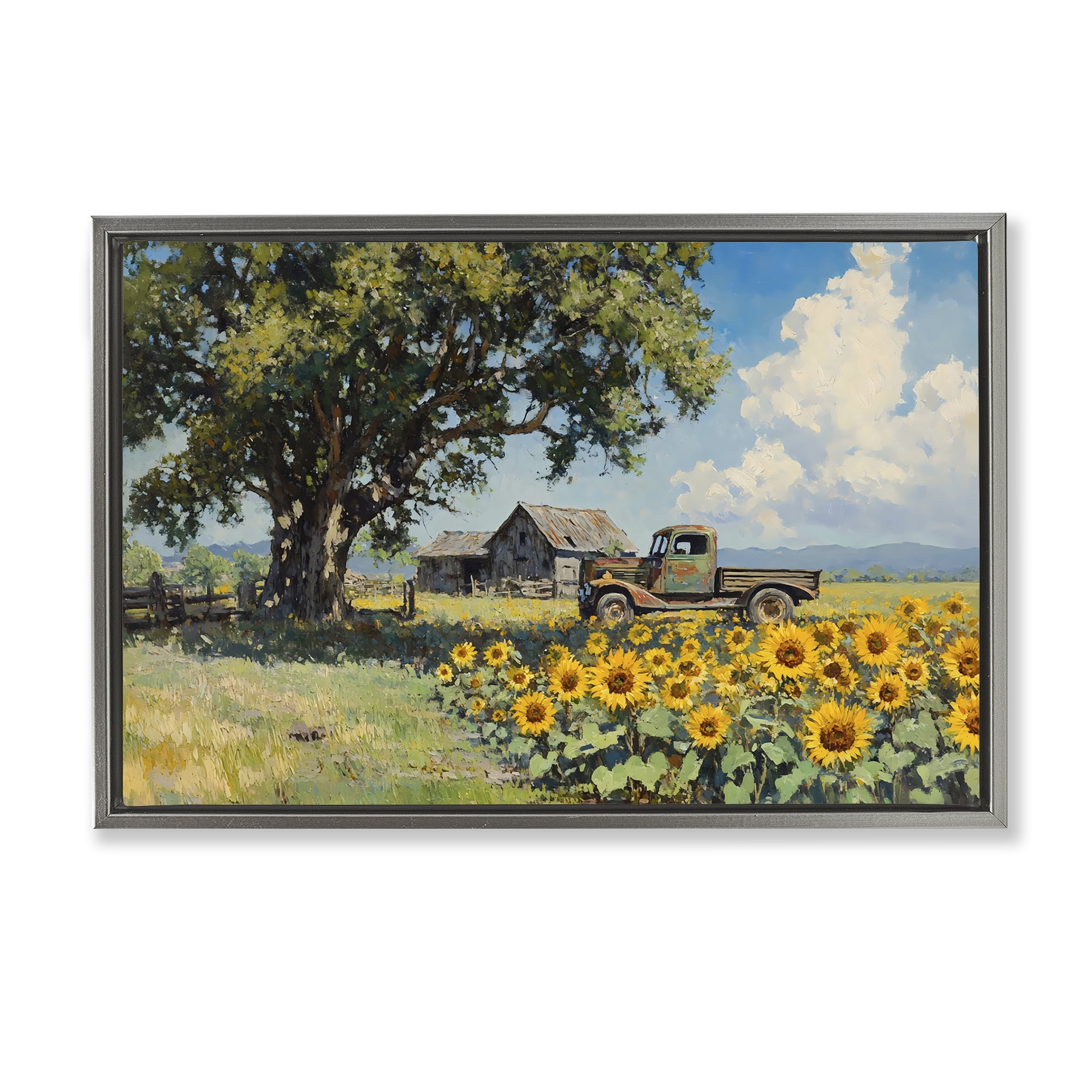Stupell Industries Sunflower Pickup by Old Barn Gray Framed Floater Canvas Wall Art, design by Franklyn Gregory