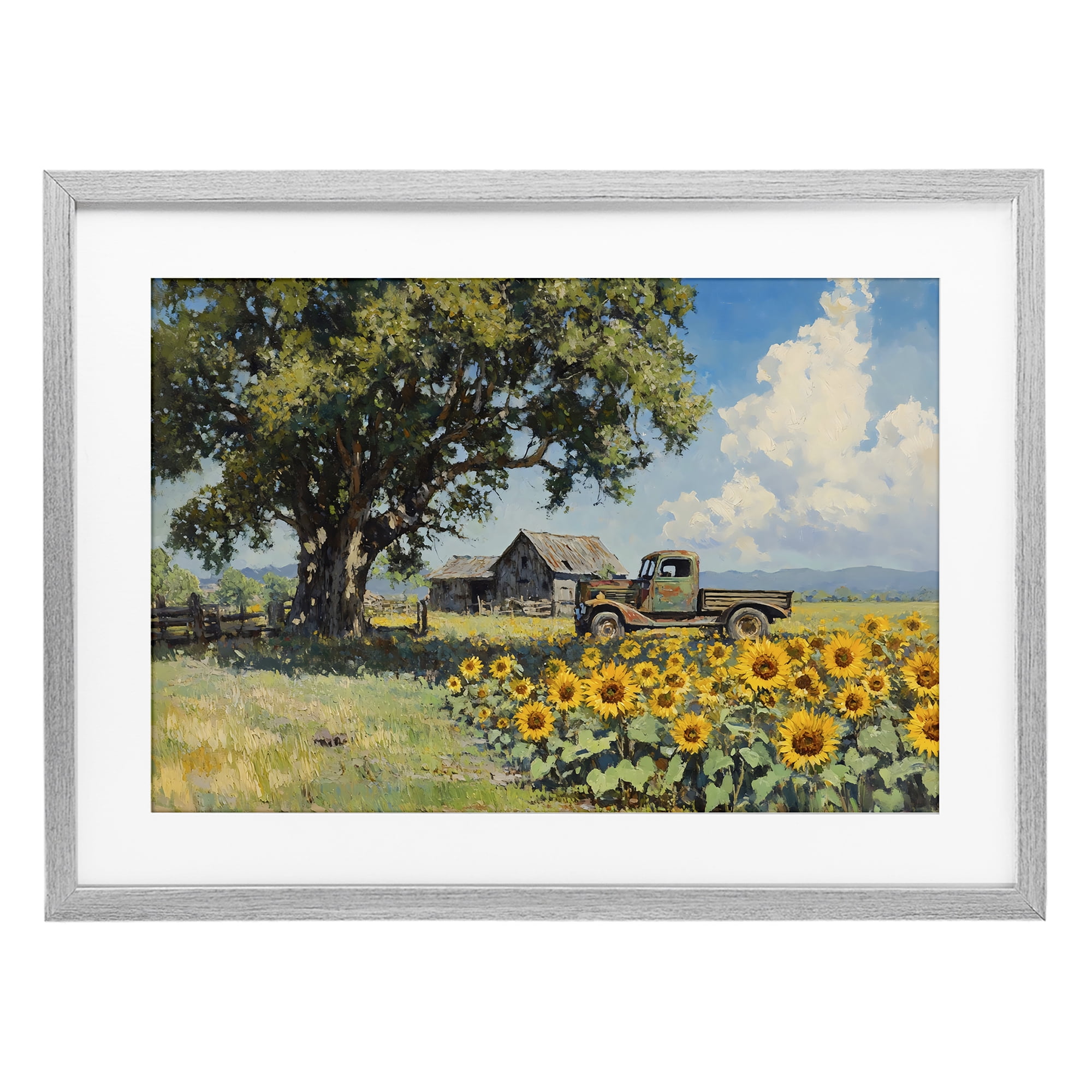 Stupell Industries Sunflower Pickup by Old Barn Gray Framed Print Under Glass, design by Franklyn Gregory