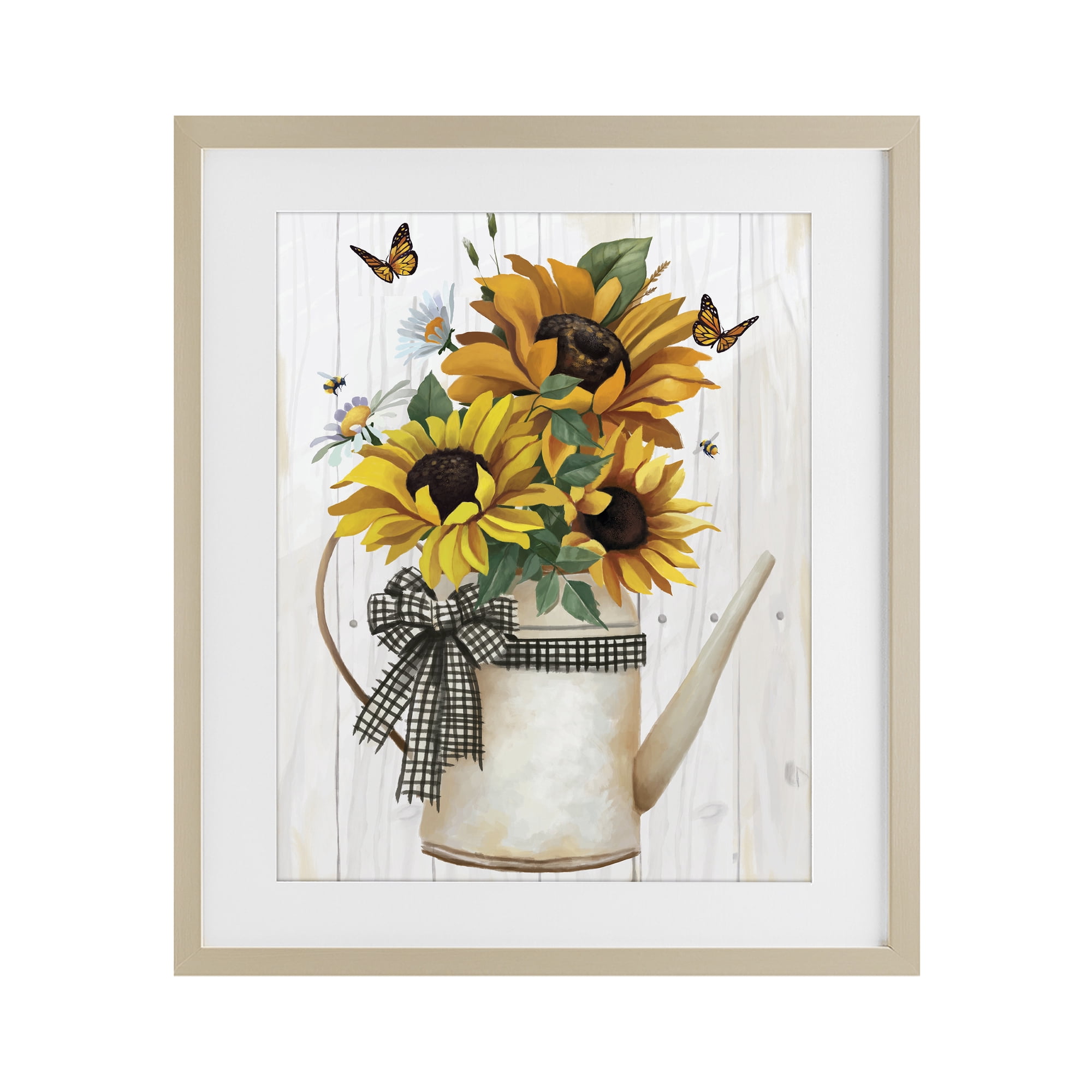 Stupell Industries Sunflower Trio in Watering Can Birch Framed Print Under Glass, design by Lucca Sheppard