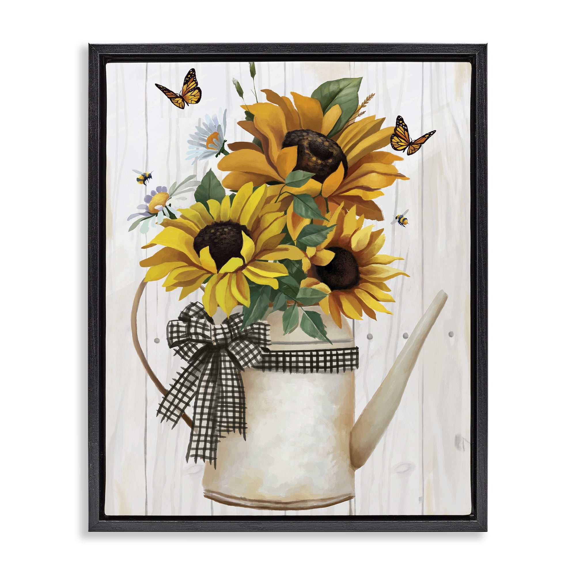 Stupell Industries Sunflower Trio in Watering Can Black Framed Floater Canvas Wall Art, design by Lucca Sheppard