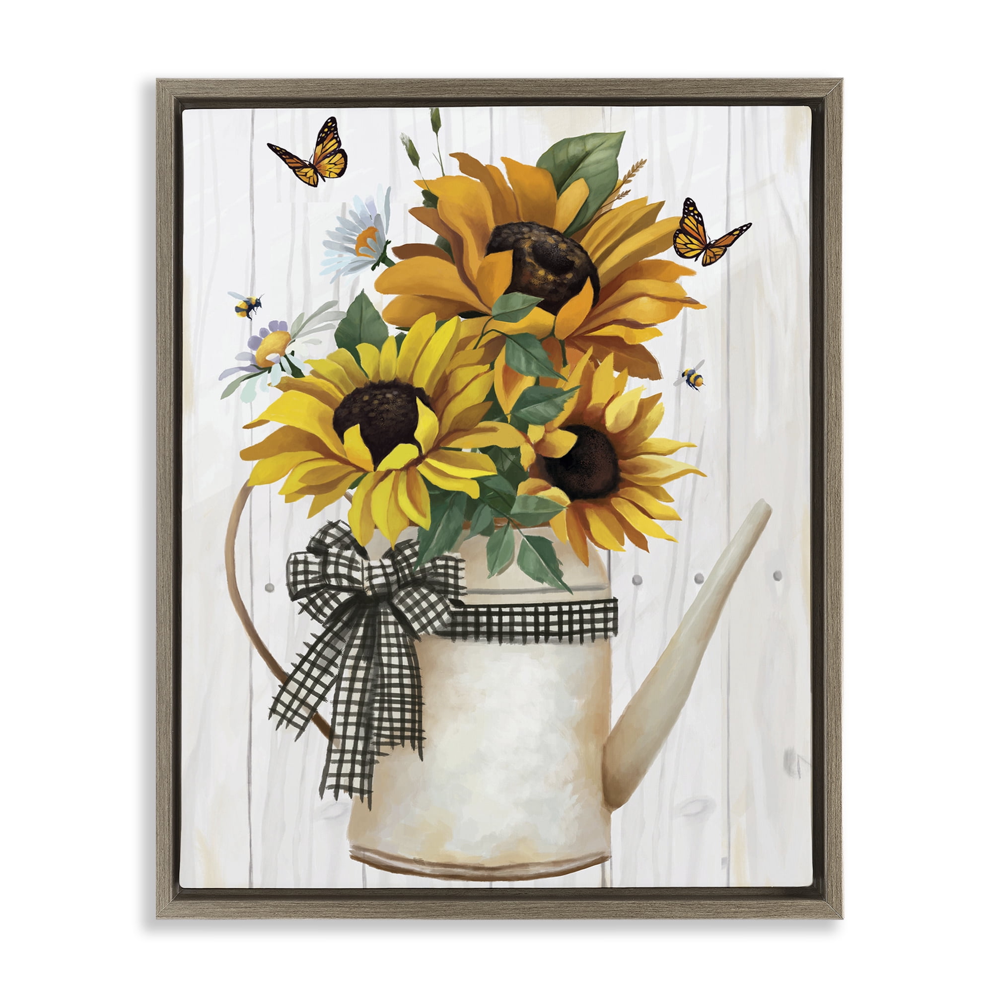 Stupell Industries Sunflower Trio in Watering Can Brown Framed Floater Canvas Wall Art, design by Lucca Sheppard