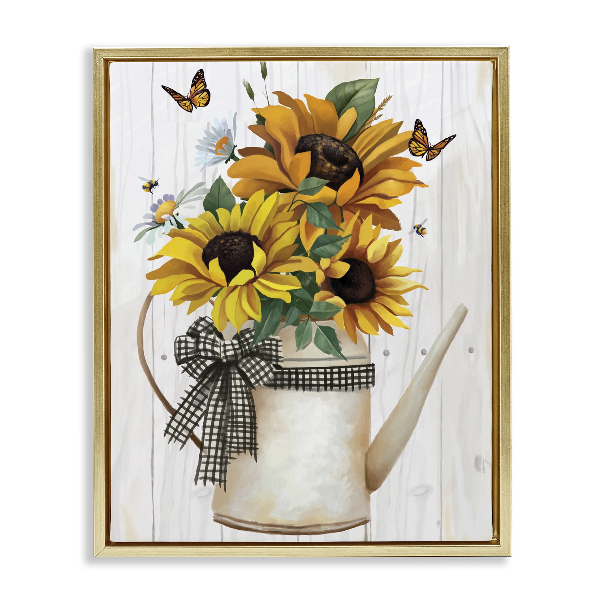 Stupell Industries Sunflower Trio in Watering Can Gold Framed Floater Canvas Wall Art, design by Lucca Sheppard