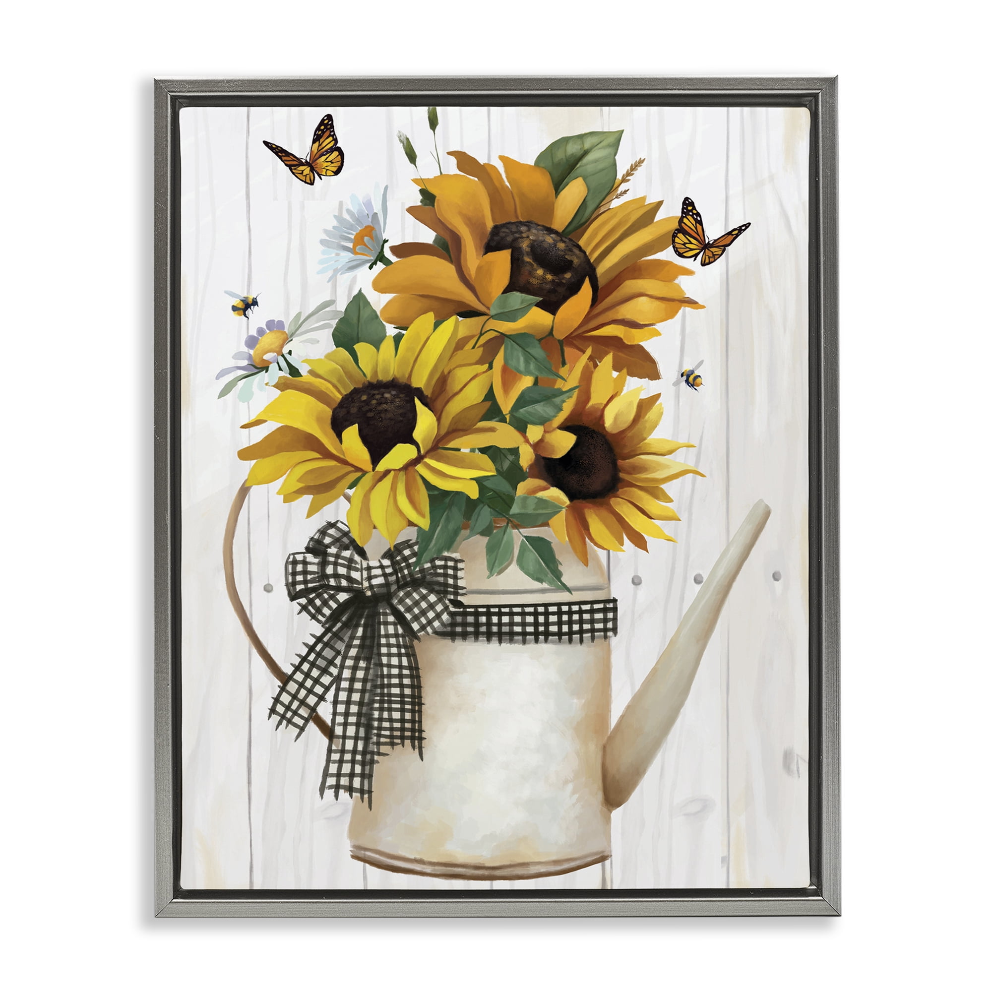 Stupell Industries Sunflower Trio in Watering Can Gray Framed Floater Canvas Wall Art, design by Lucca Sheppard
