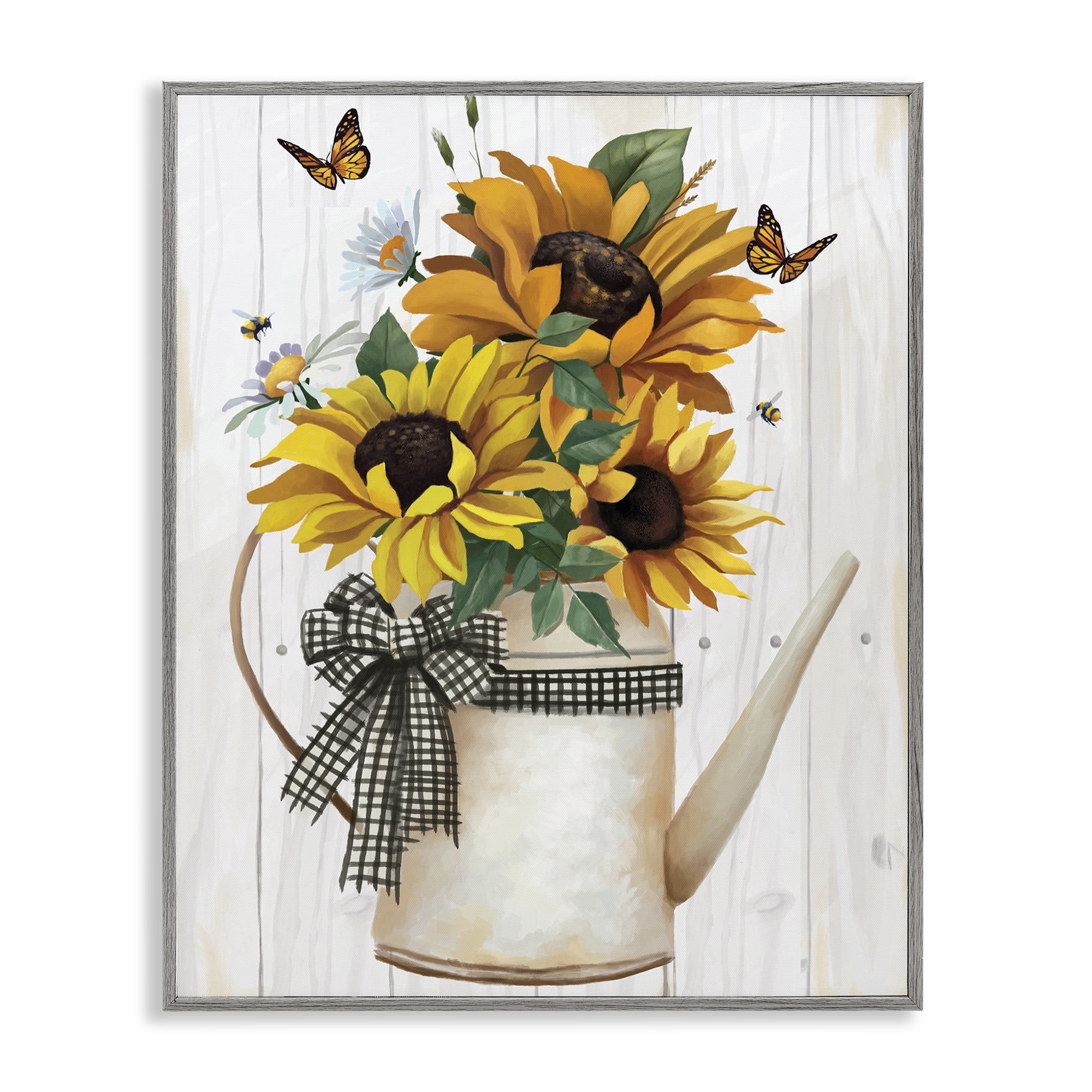 Stupell Industries Sunflower Trio in Watering Can Gray Framed Giclee Art, design by Lucca Sheppard