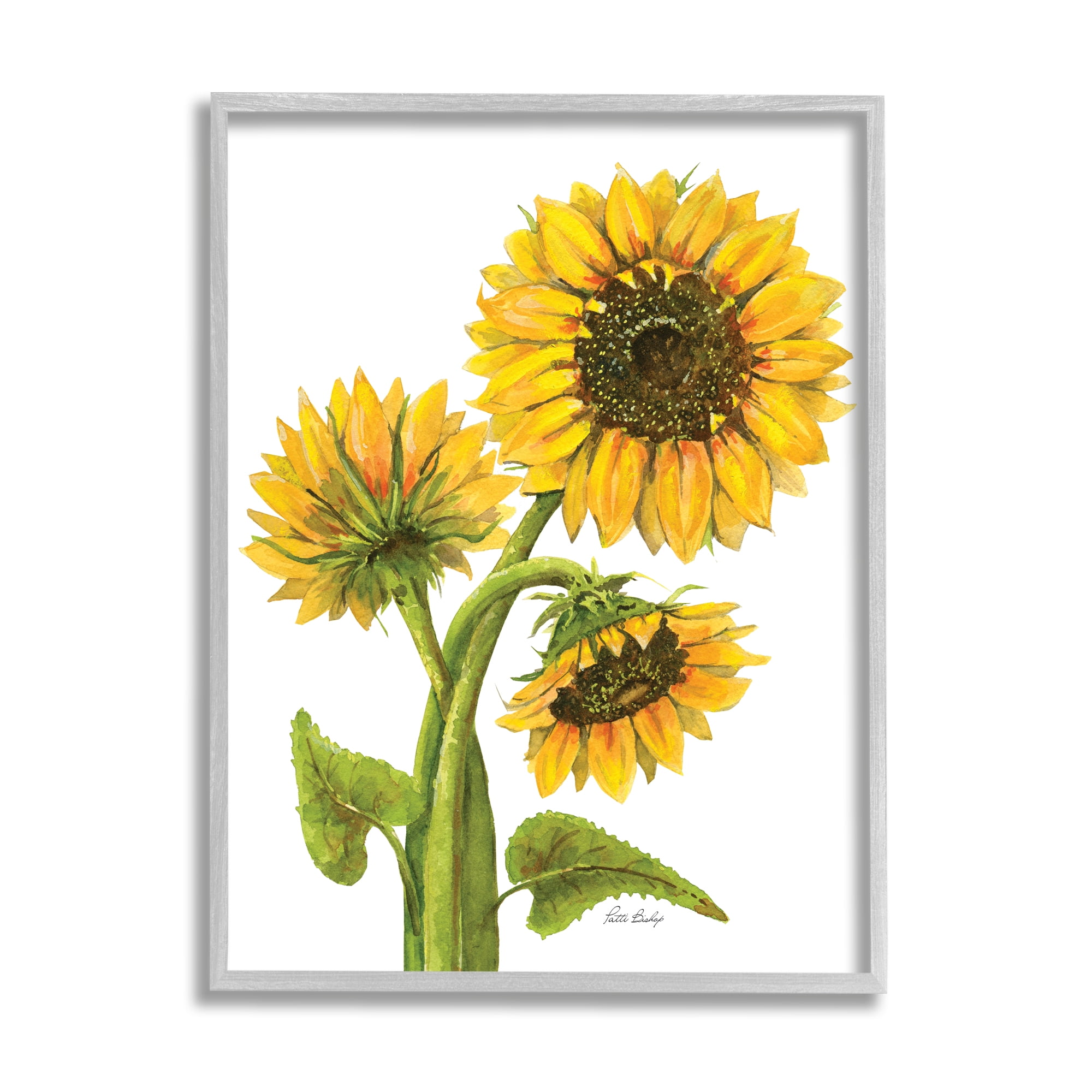 Stupell Industries Sunflower Trio on White Botanical & Floral Painting Gray Framed Art Print Wall Art, 24 x 30