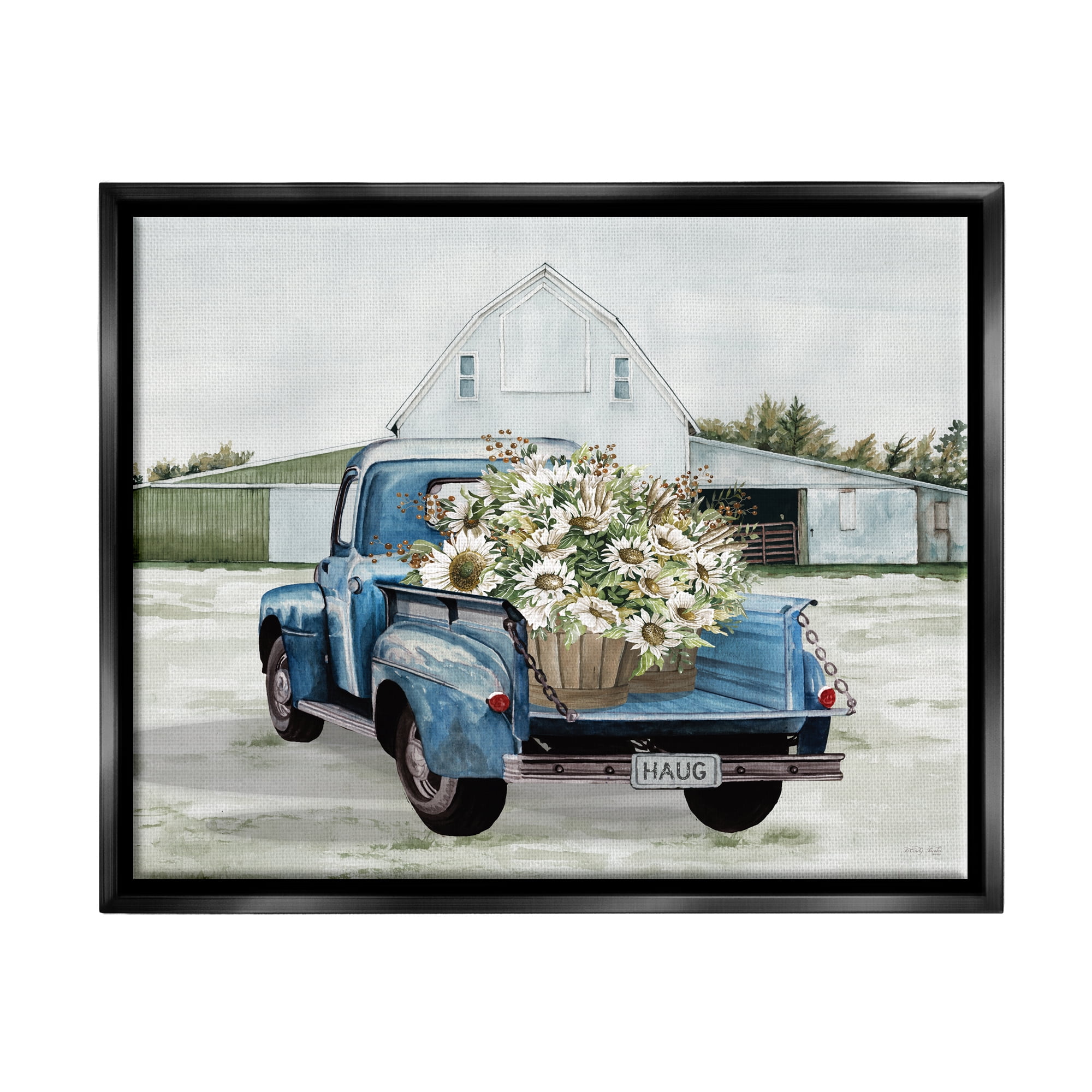 Stupell Industries Sunflower Truck at Farm Transportation Painting Black Floater Framed Art Print Wall Art, 21 x 17