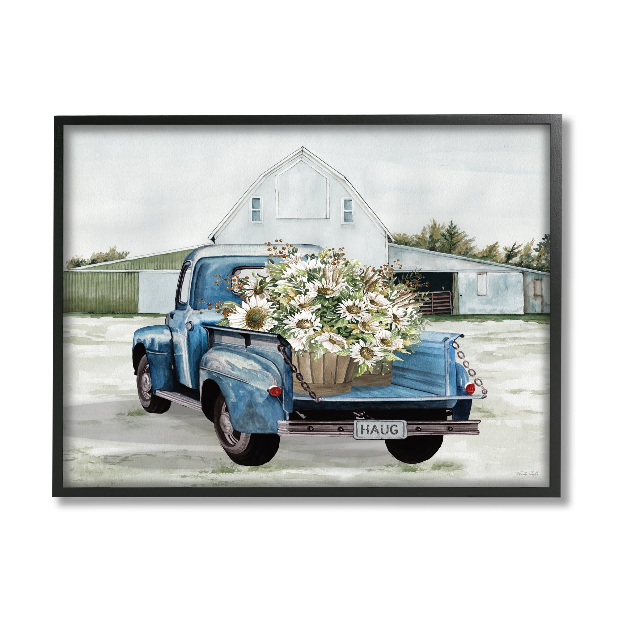 Stupell Industries Sunflower Truck at Farm Transportation Painting Black Framed Art Print Wall Art, 14 x 11
