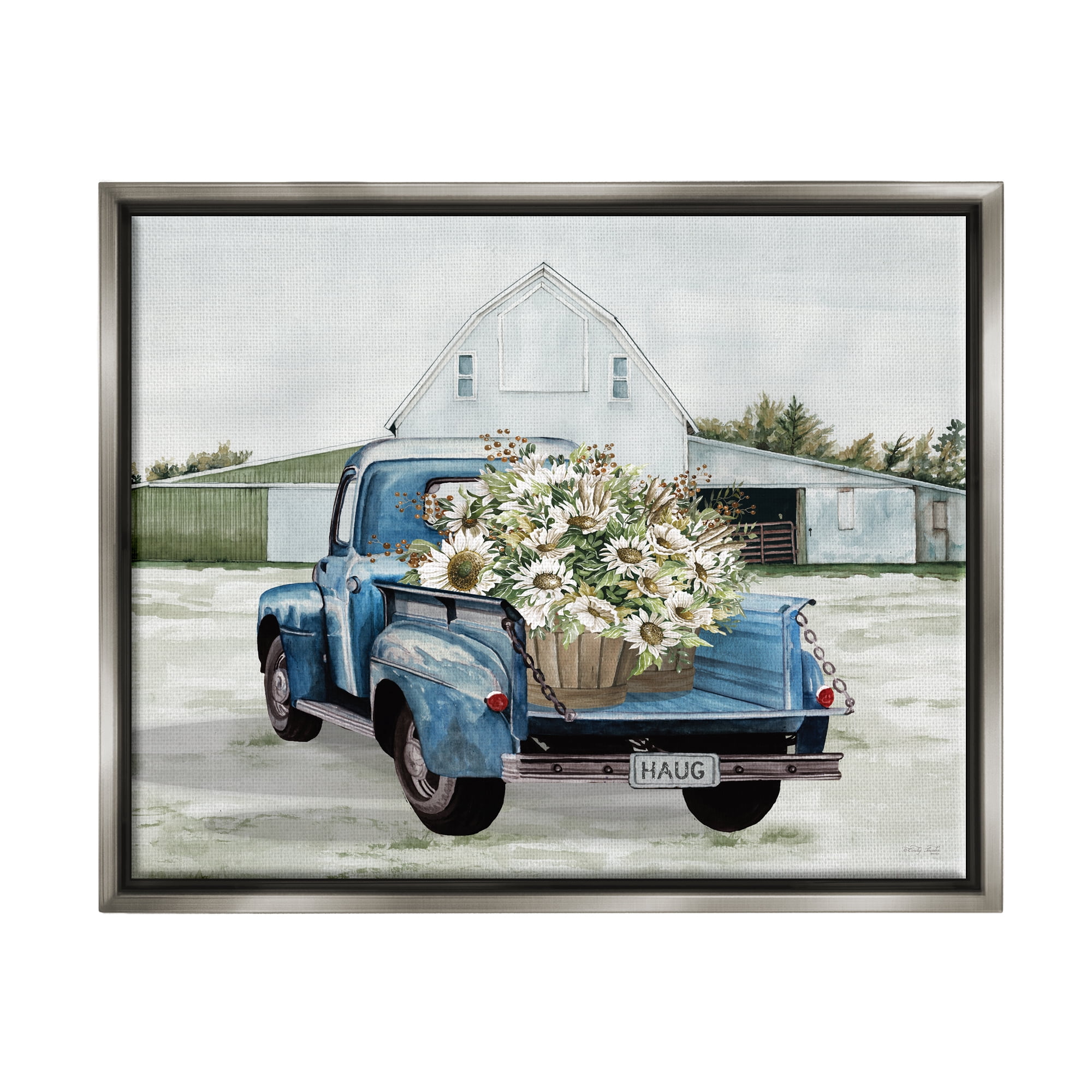 Stupell Industries Sunflower Truck at Farm Transportation Painting Gray Floater Framed Art Print Wall Art, 21 x 17