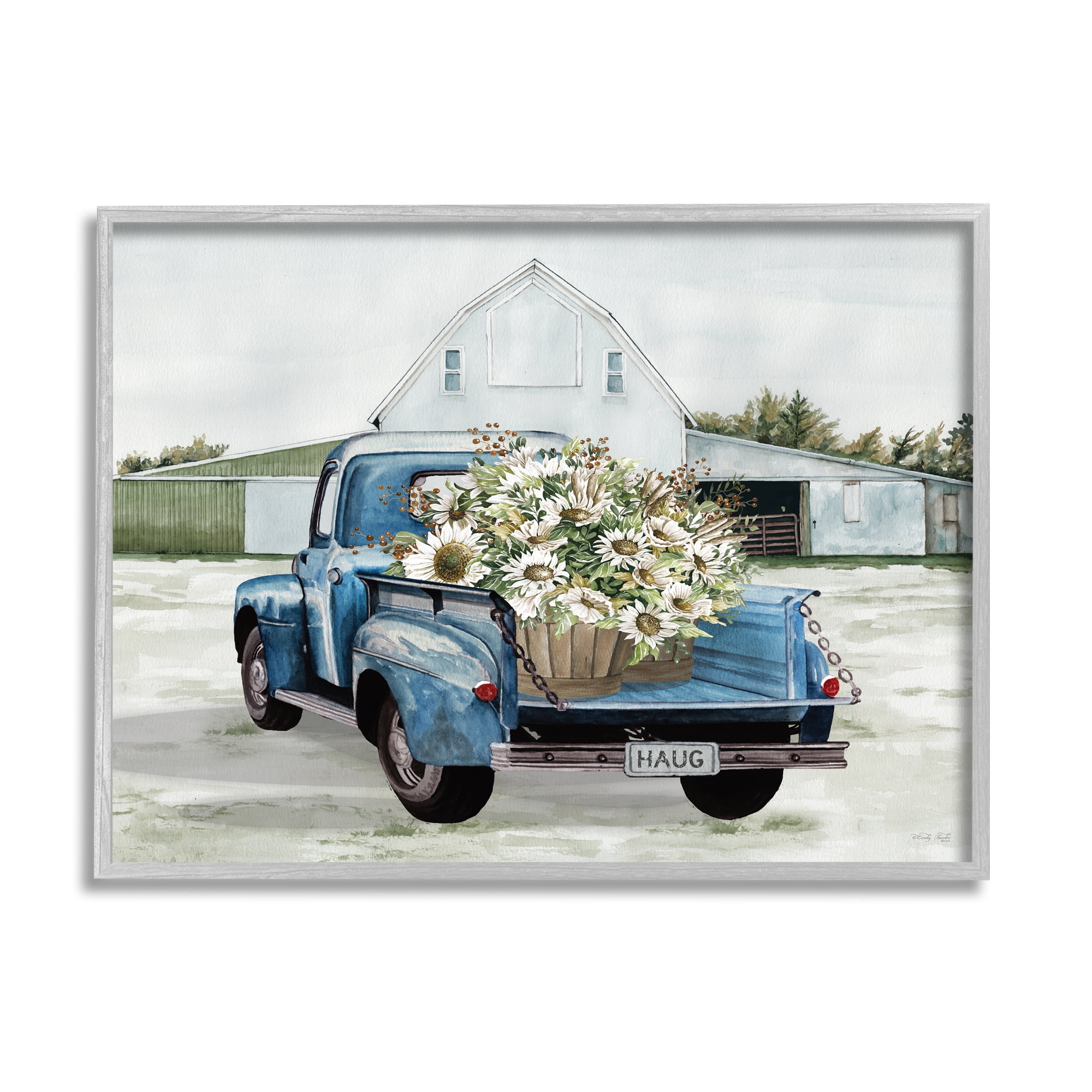 Stupell Industries Sunflower Truck at Farm Transportation Painting Gray Framed Art Print Wall Art, 14 x 11