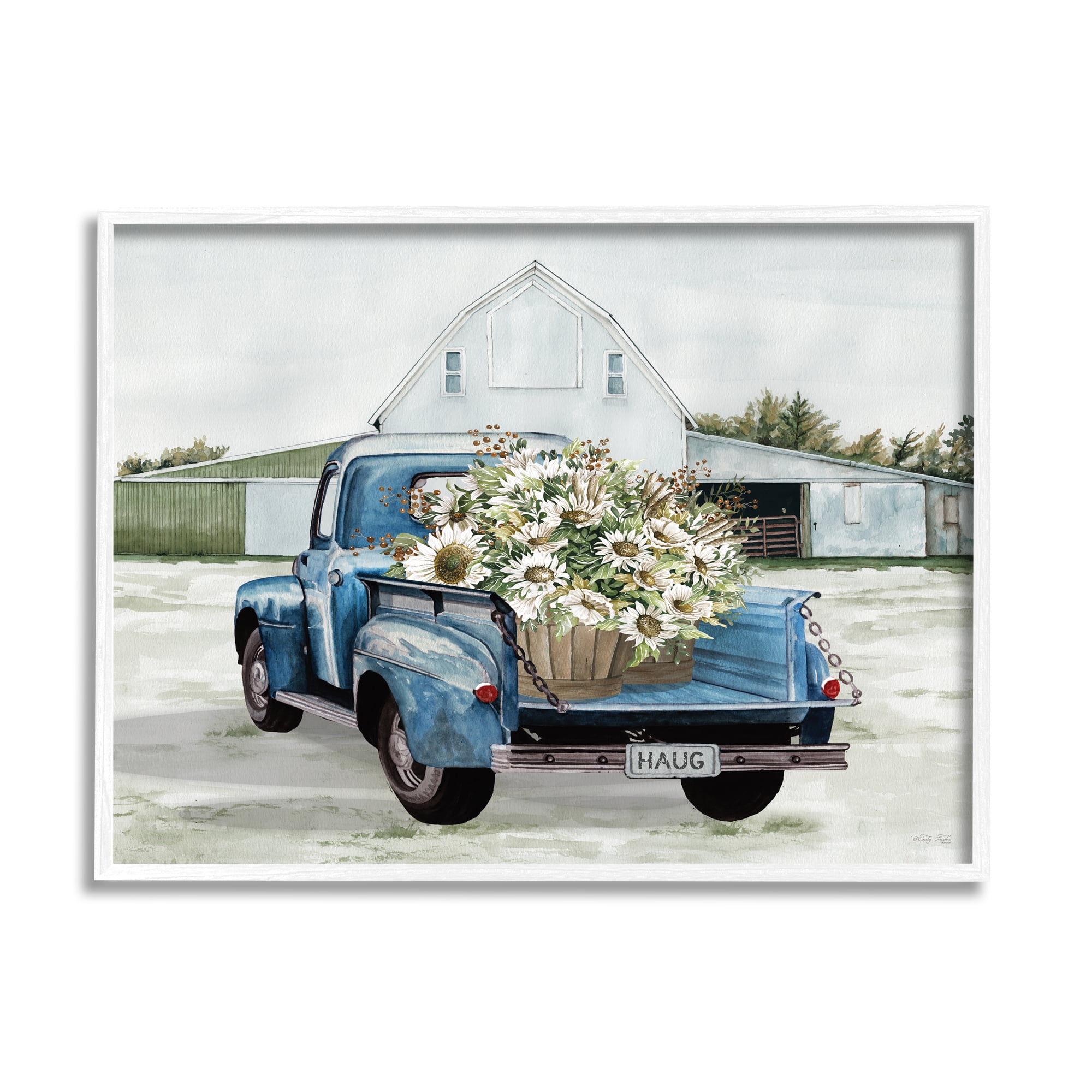 Stupell Industries Sunflower Truck at Farm Transportation Painting White Framed Art Print Wall Art, 30 x 24