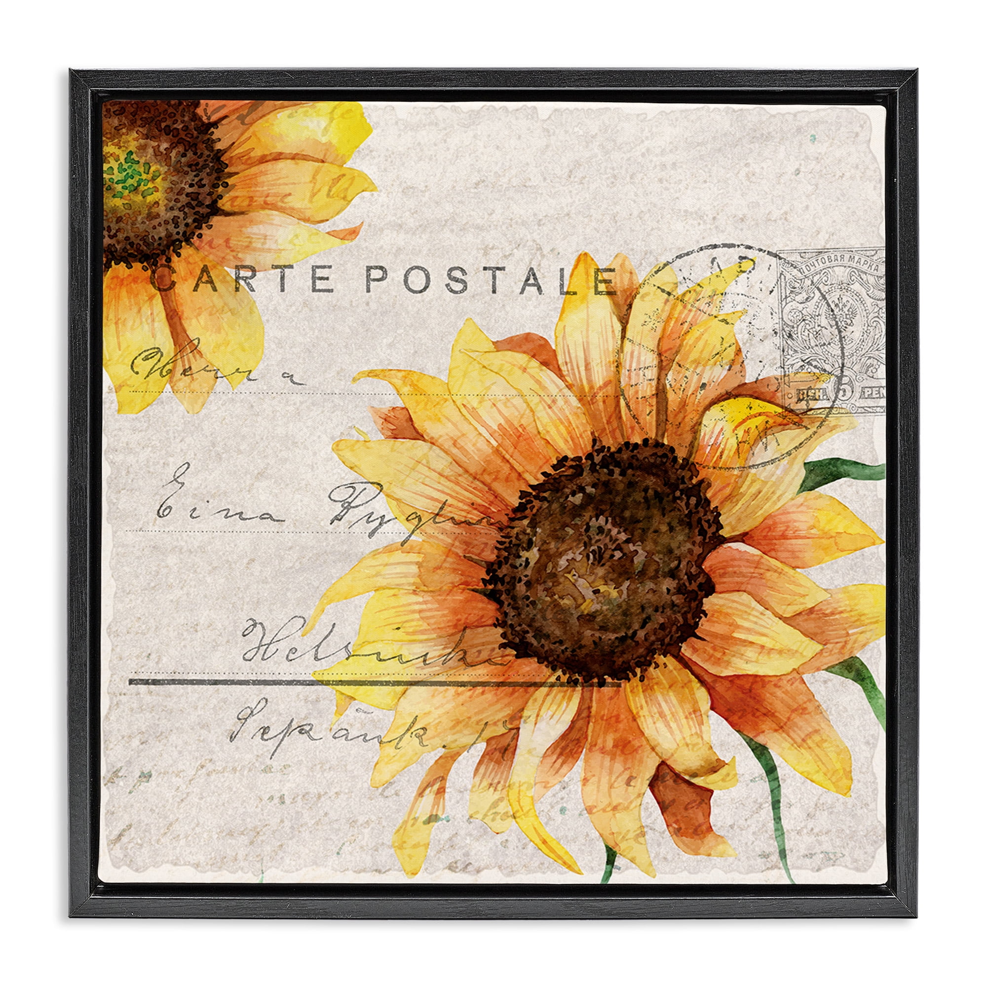 Stupell Industries Sunflower Vintage Mail Post Botanical & Floral Painting Black Floater Framed Canvas Art Print Wall Art, 25 x 25