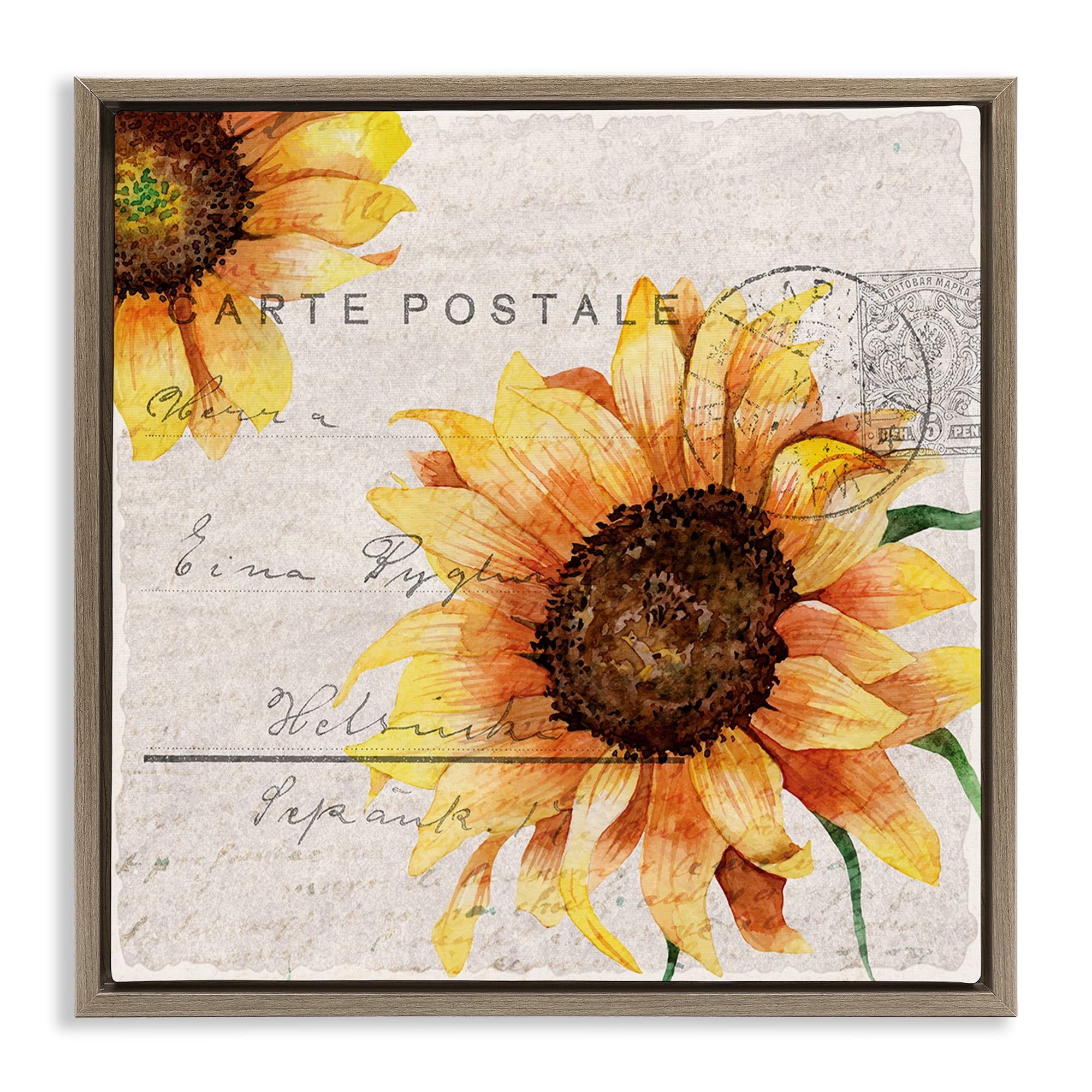 Stupell Industries Sunflower Vintage Mail Post Botanical & Floral Painting Brown Floater Framed Canvas Art Print Wall Art, 18 x 18