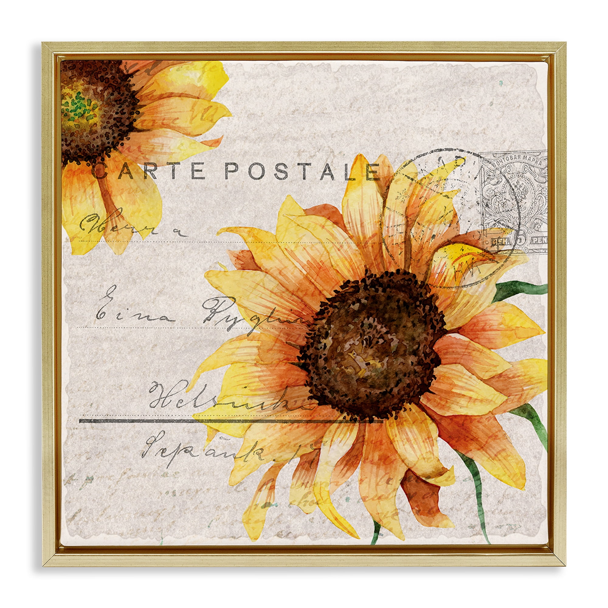 Stupell Industries Sunflower Vintage Mail Post Botanical & Floral Painting Gold Floater Framed Canvas Art Print Wall Art, 18 x 18