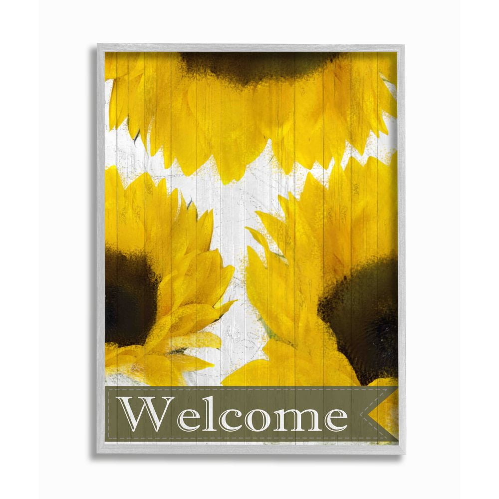 Stupell Industries Sunflower Welcome Yellow Flowers Painting Gray Farmhouse Rustic Framed Giclee Texturized Art by Kimberly Allen