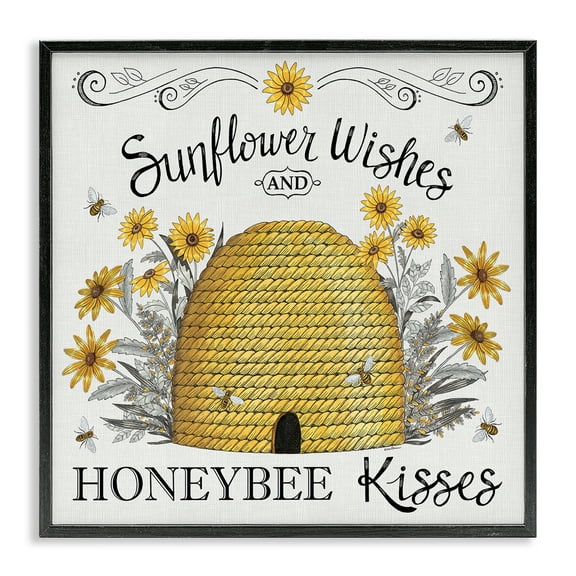 Stupell Industries Sunflower Wishes Honeybee Kisses Plants & Flowers Painting Black Framed Art Print Wall Art, 12 x 12
