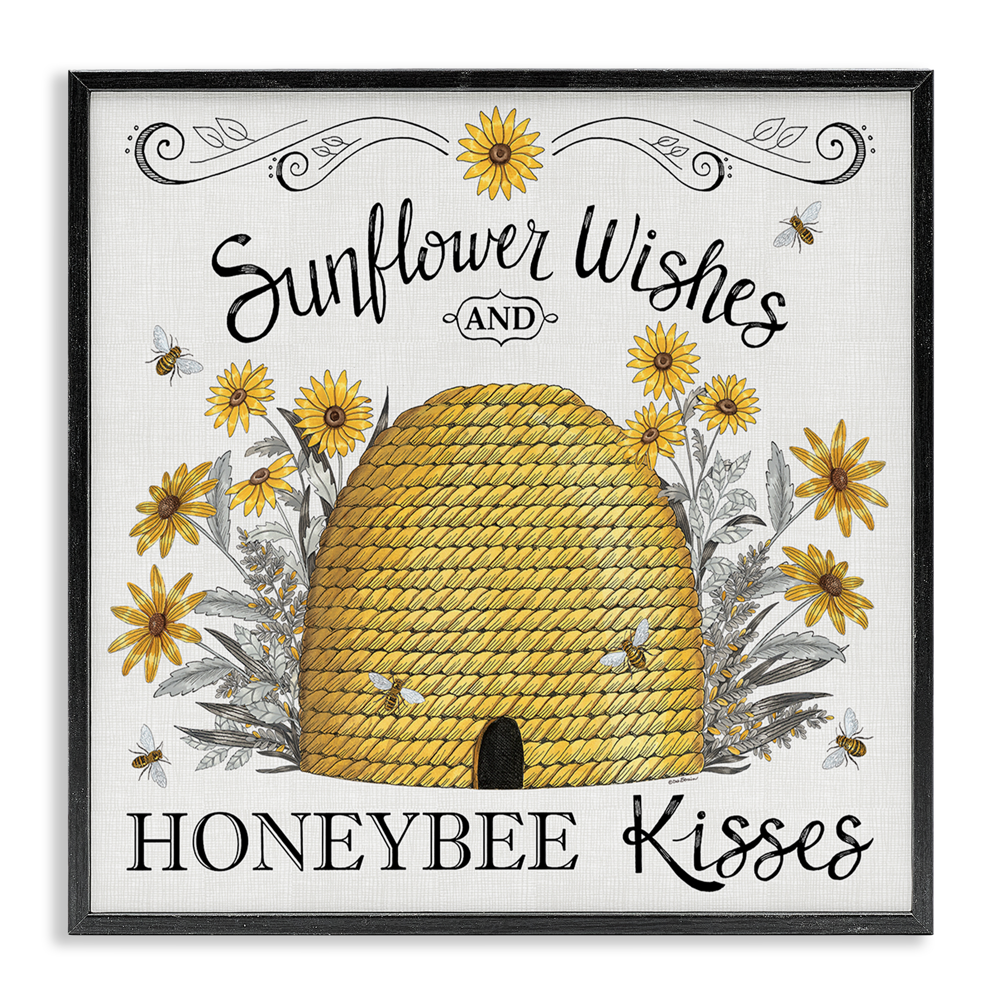 Stupell Industries Sunflower Wishes Honeybee Kisses Plants & Flowers Painting Black Framed Art Print Wall Art, 17 x 17