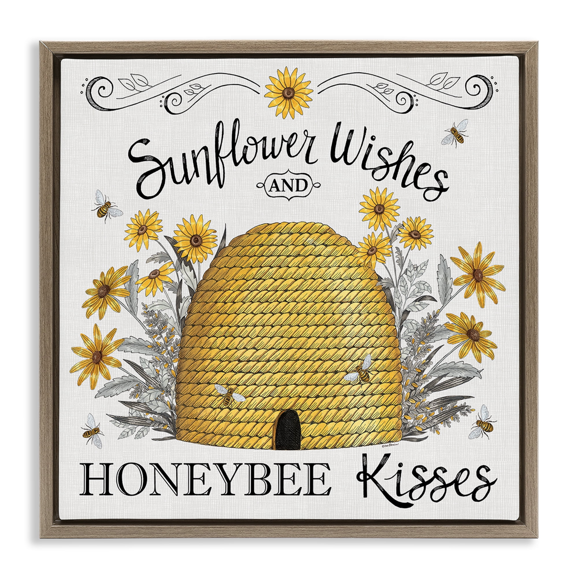 Stupell Industries Sunflower Wishes Honeybee Kisses Plants & Flowers Painting Brown Floater Framed Canvas Art Print Wall Art, 25 x 25